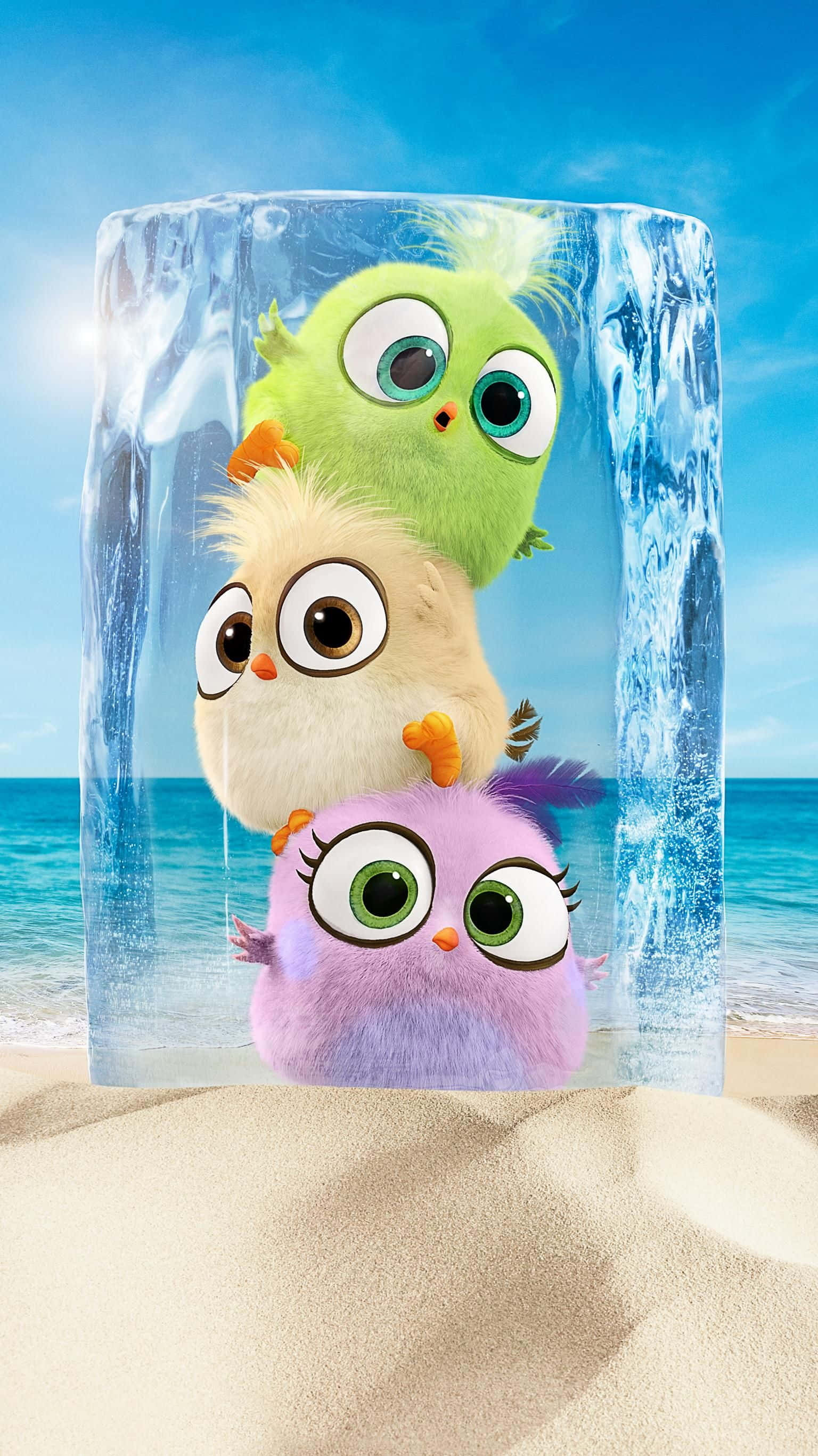 kawaii bird, transparent ice block, sunny beach, 2K Phone Wallpaper