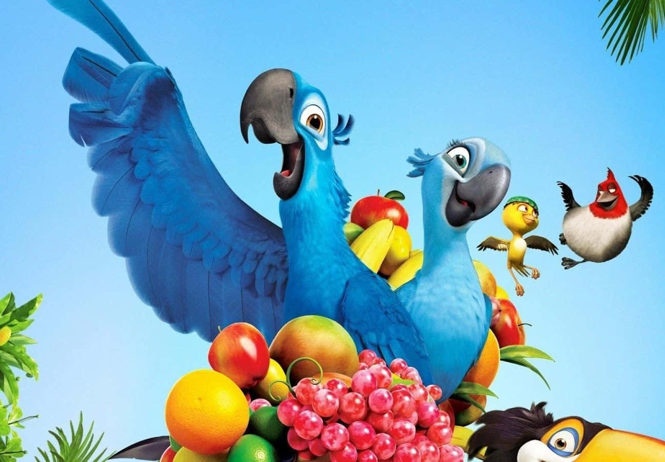 kawaii bird, blue macaws, tropical fruits, HD Desktop Wallpaper