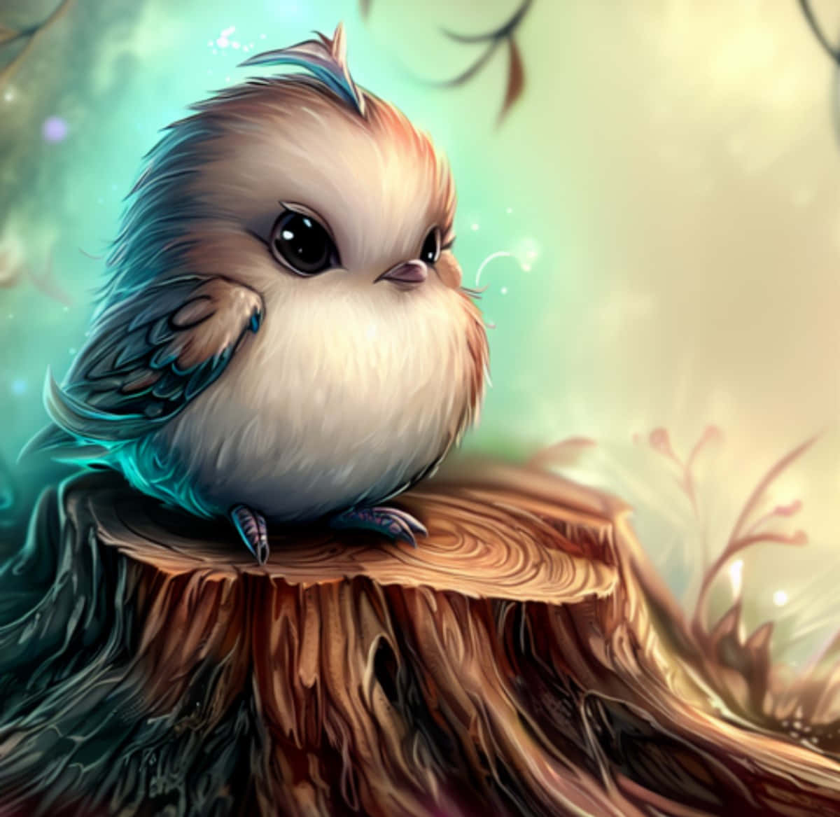 kawaii bird, teal and brown feathers, weathered tree stump, SD Desktop Wallpaper