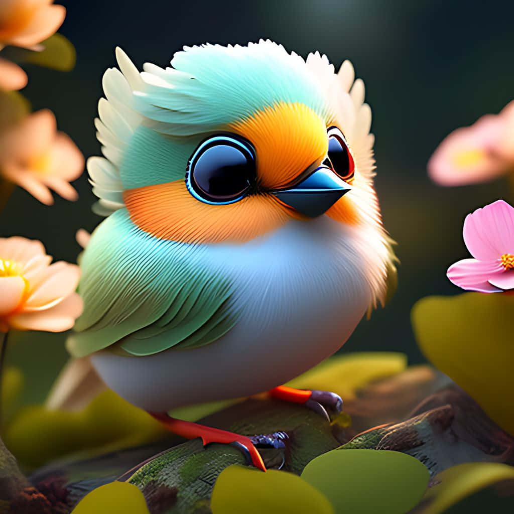 kawaii bird, turquoise and orange feathers, soft pink and yellow flowers, SD Desktop Wallpaper