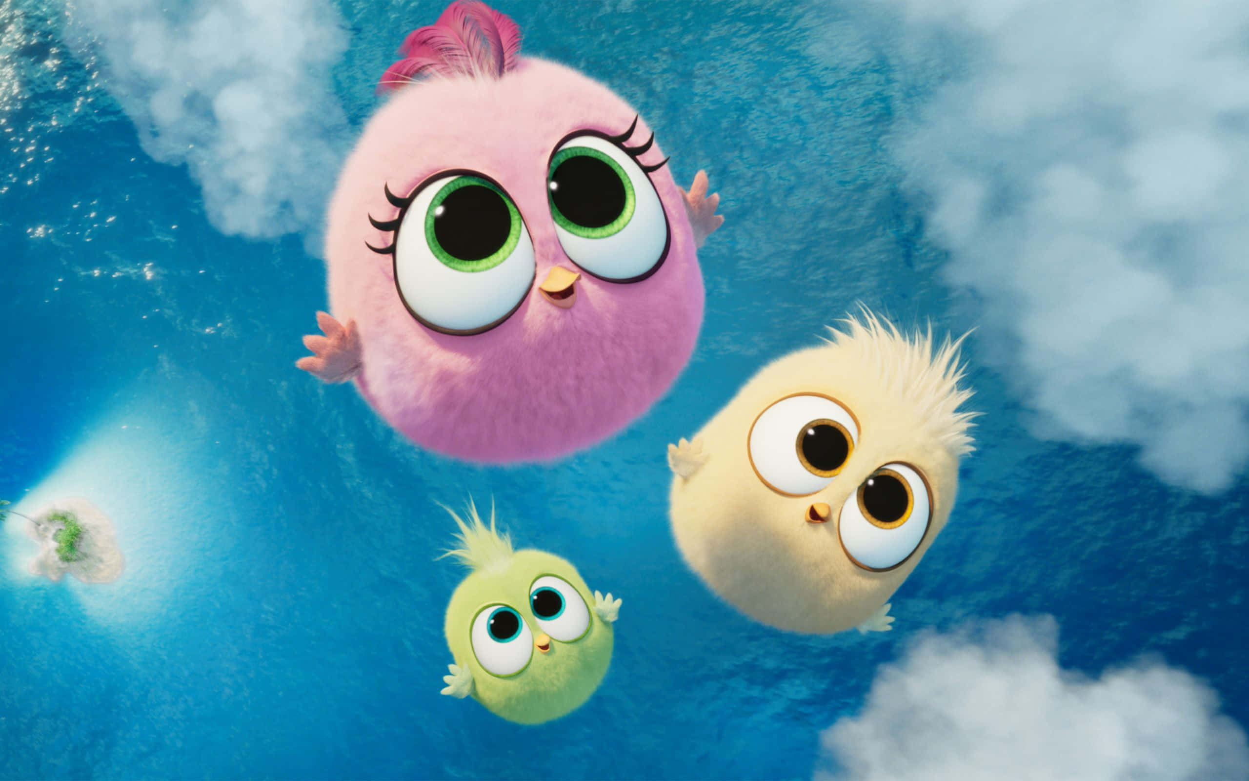 kawaii bird, three fluffy cartoon birds, big eyes, 2K Desktop Wallpaper