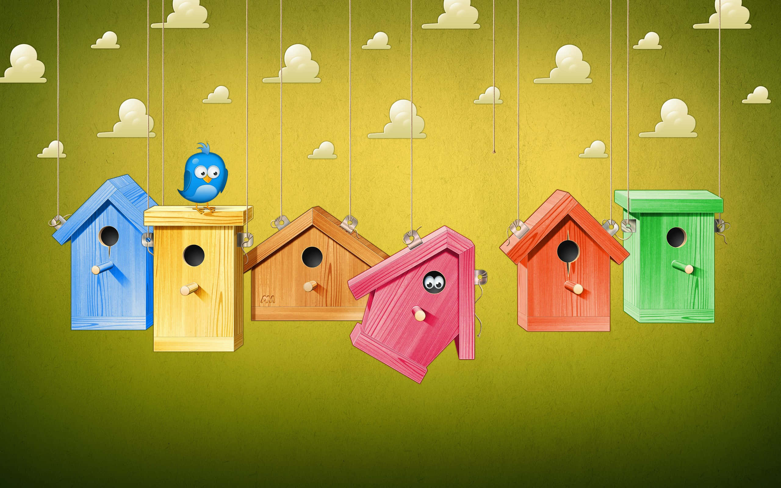 kawaii bird, green gradient sky, fluffy clouds, 2K Desktop Wallpaper