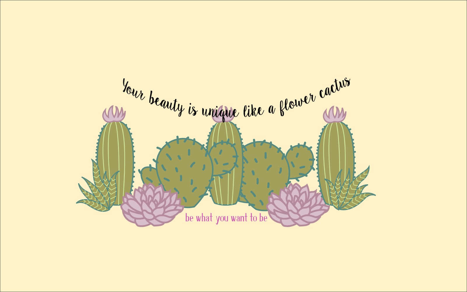 kawaii cactus, purple flowers, soft yellow background, HD Desktop Wallpaper