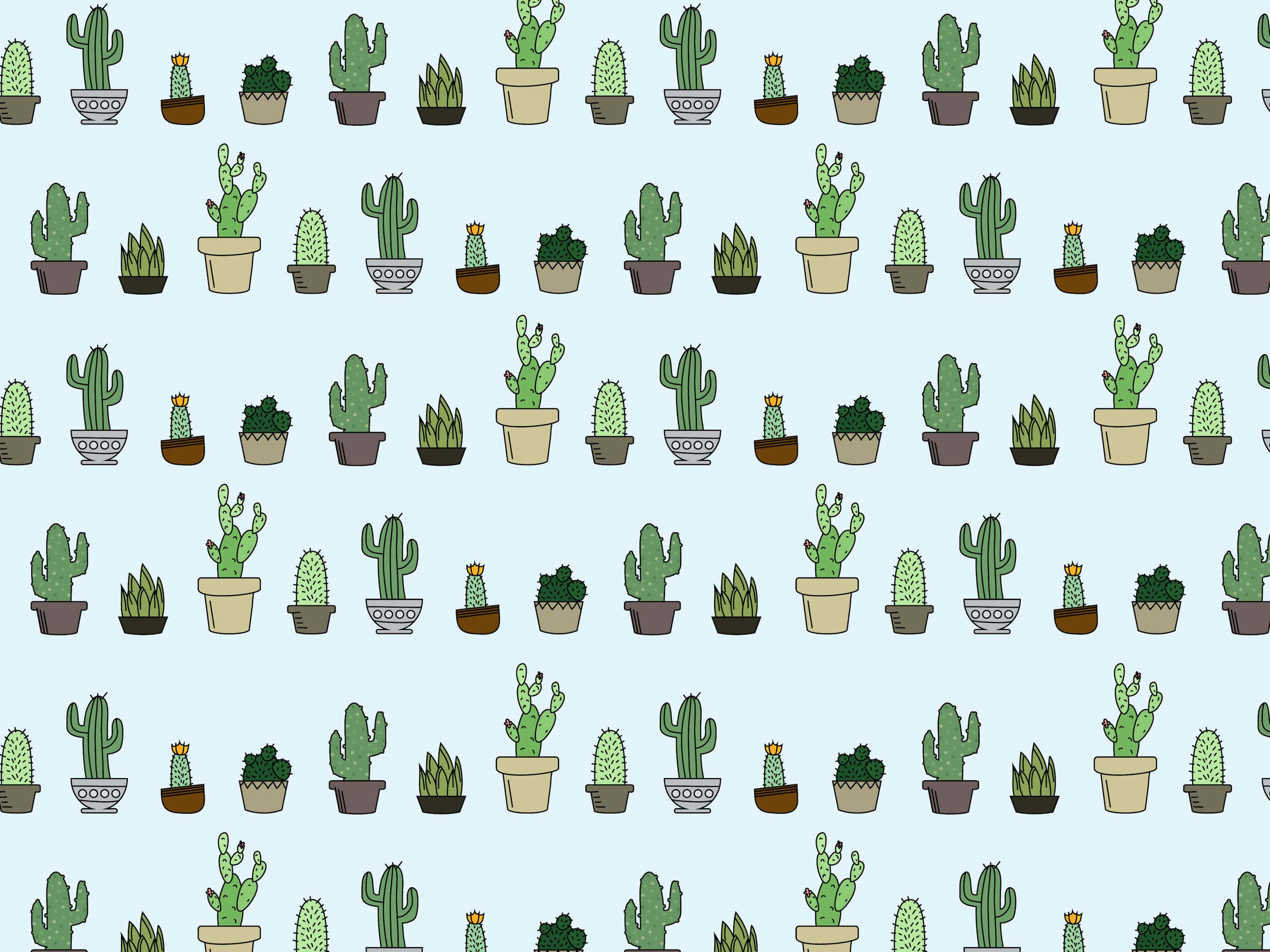 Kawaii Cactus, cartoon cacti, pots, 2K Desktop Wallpaper