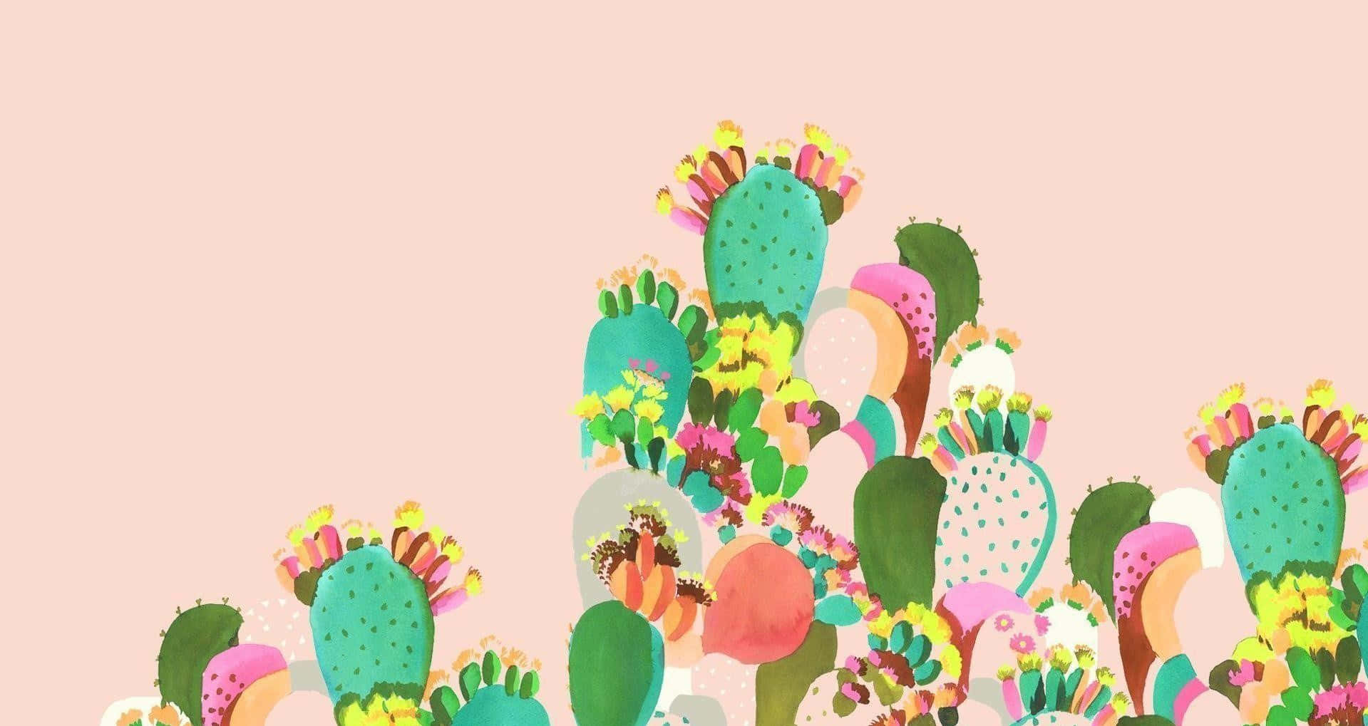 Kawaii Cactus, vibrant illustrated cacti, colorful blooms, HD Desktop Wallpaper