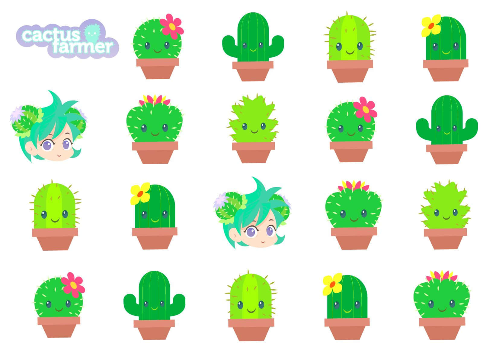 kawaii cactus, cartoon cacti, smiling faces, HD Desktop Wallpaper