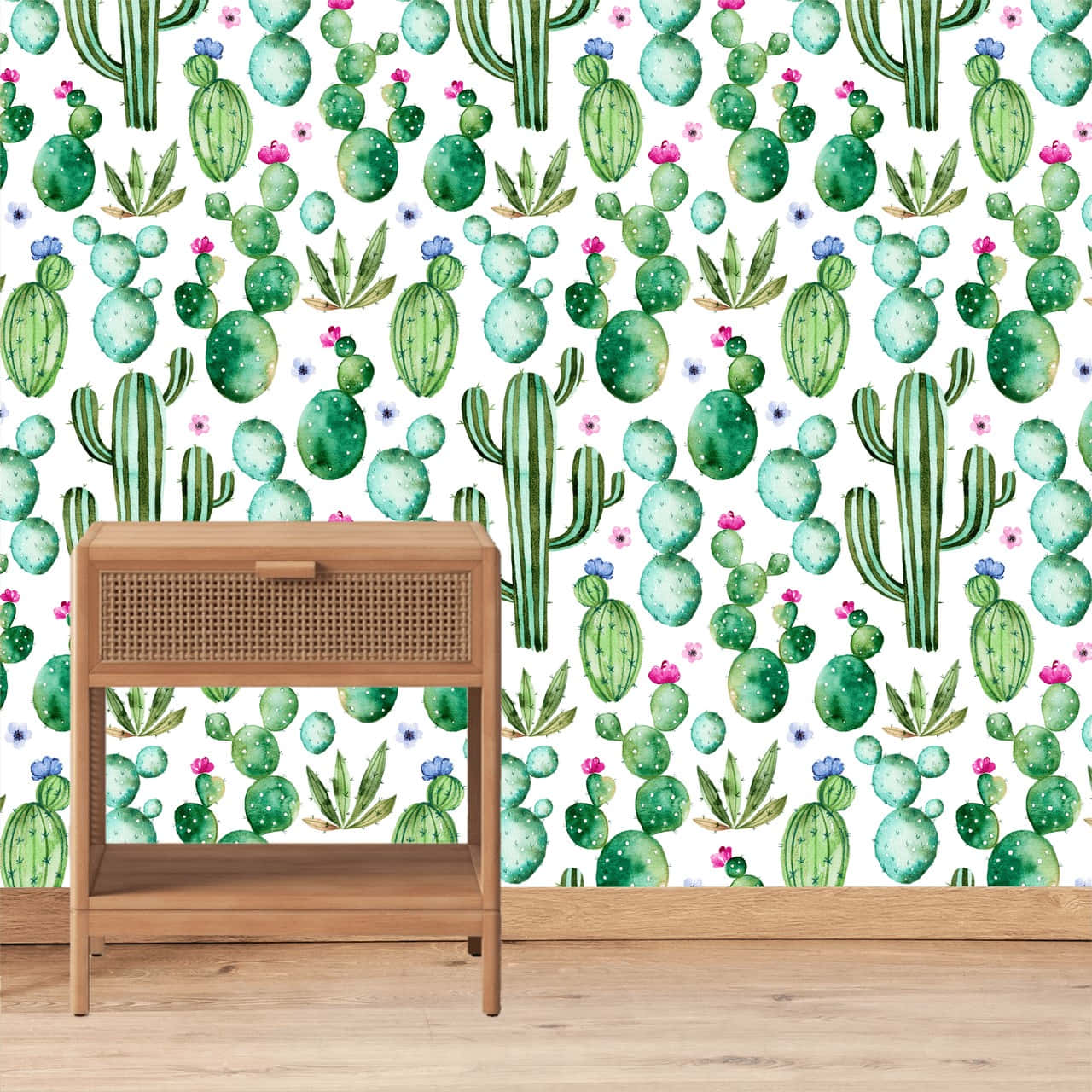 kawaii cactus, wooden console table, vibrant watercolor wallpaper, HD Desktop Wallpaper