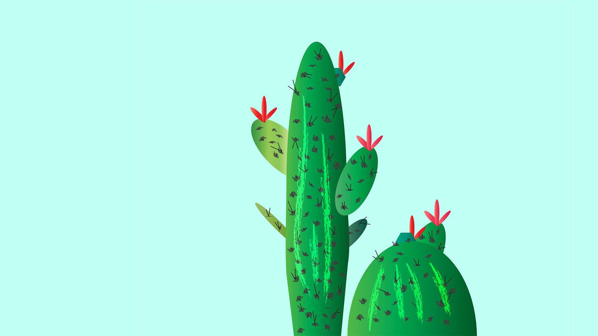 kawaii cactus, green cacti, red flowers, Full HD Desktop Wallpaper