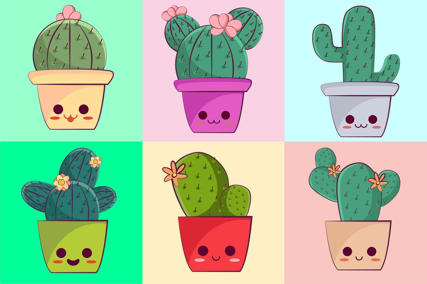 kawaii cactus, smiling faces, flowers, HD Desktop Wallpaper