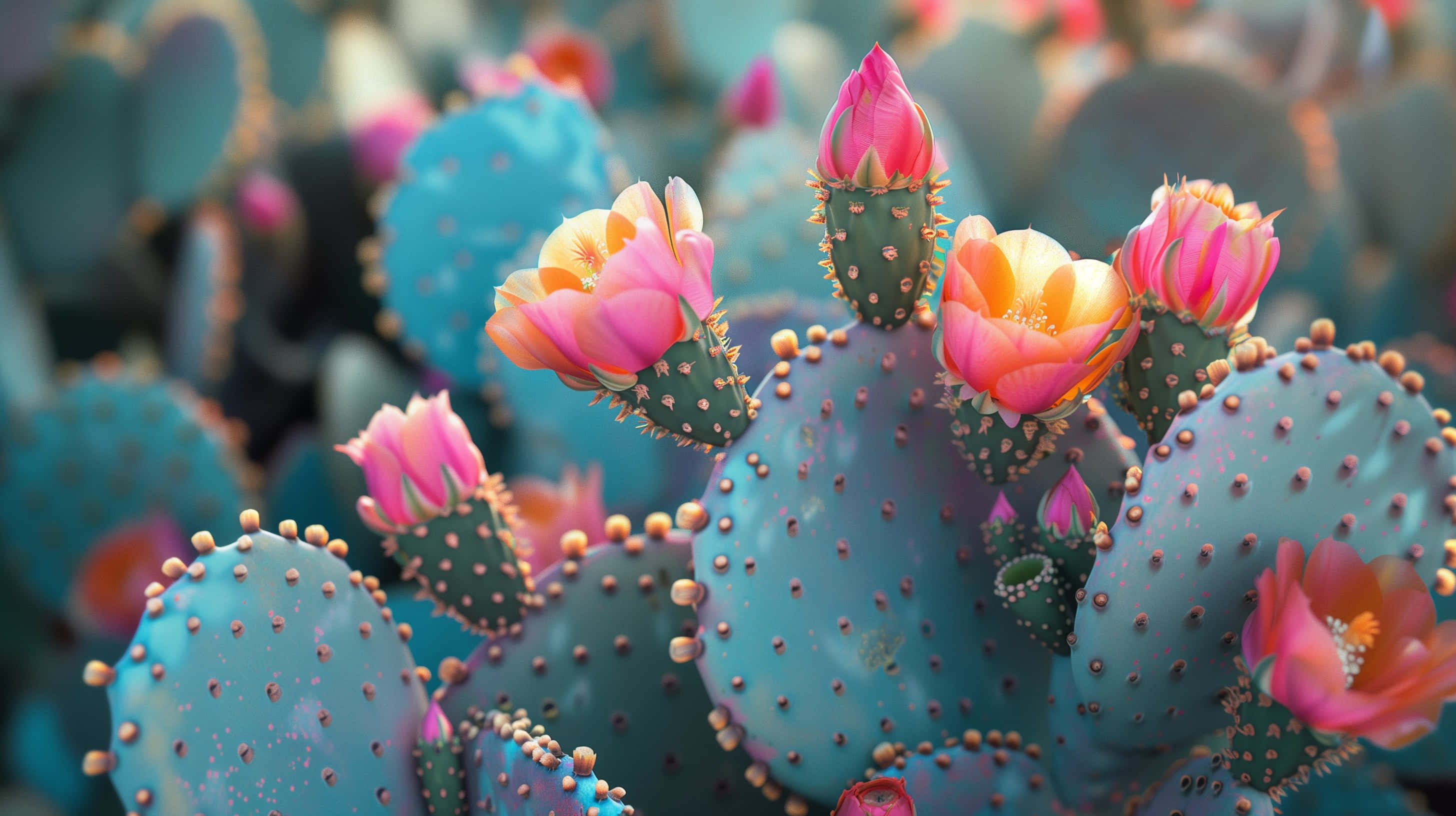 blooming prickly pear cactus, vibrant pink and orange cactus flowers, teal-blue prickly pear cacti, 2K Desktop Wallpaper