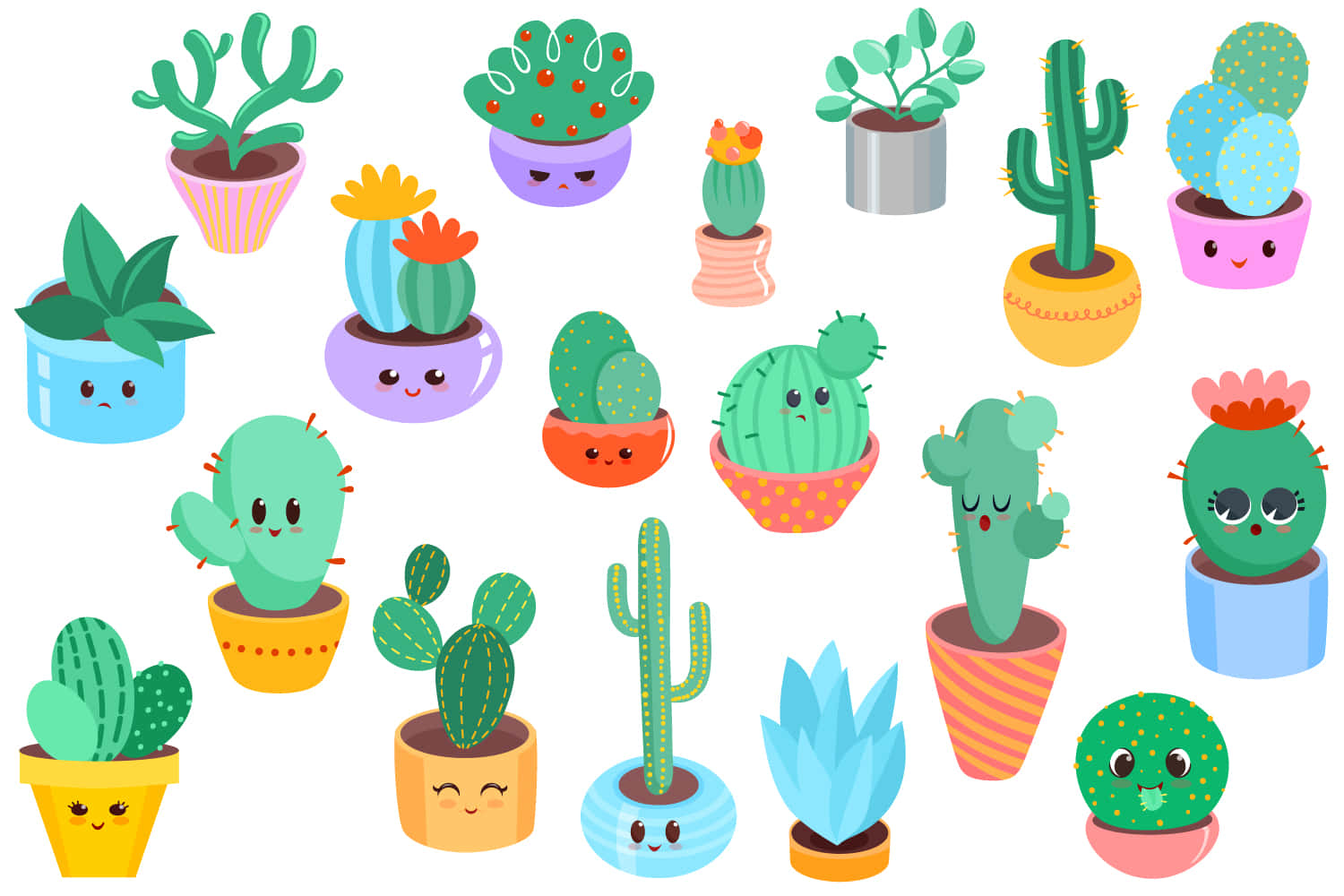 kawaii cactus, cartoon cacti, cute faces, HD Desktop Wallpaper