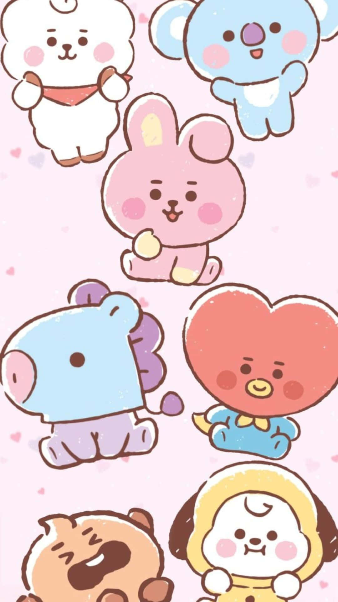 kawaii cartoon, pink background, tiny hearts, Full HD Phone Wallpaper