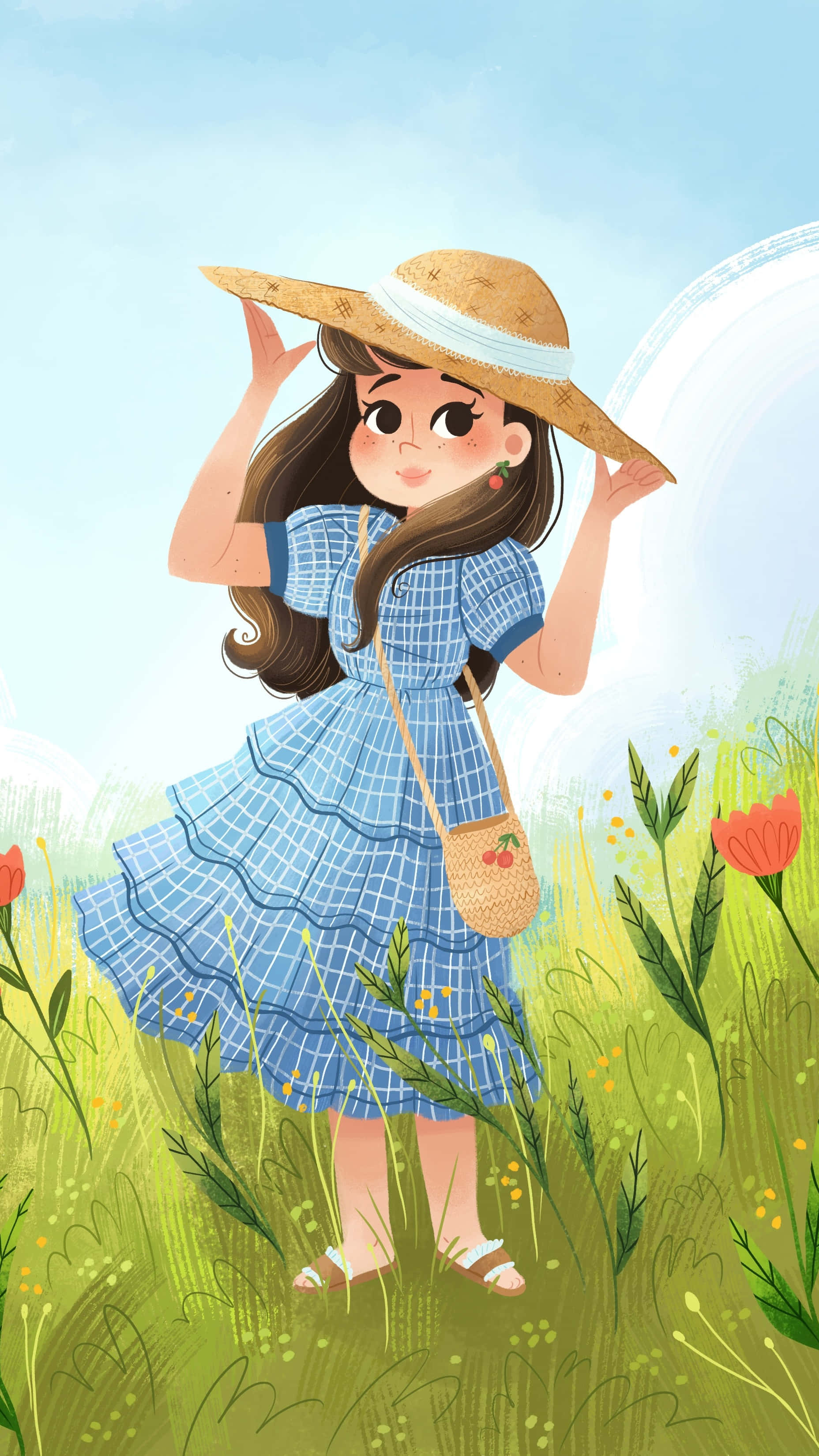 kawaii cartoon, blue checkered dress, straw hat, 2K Phone Wallpaper