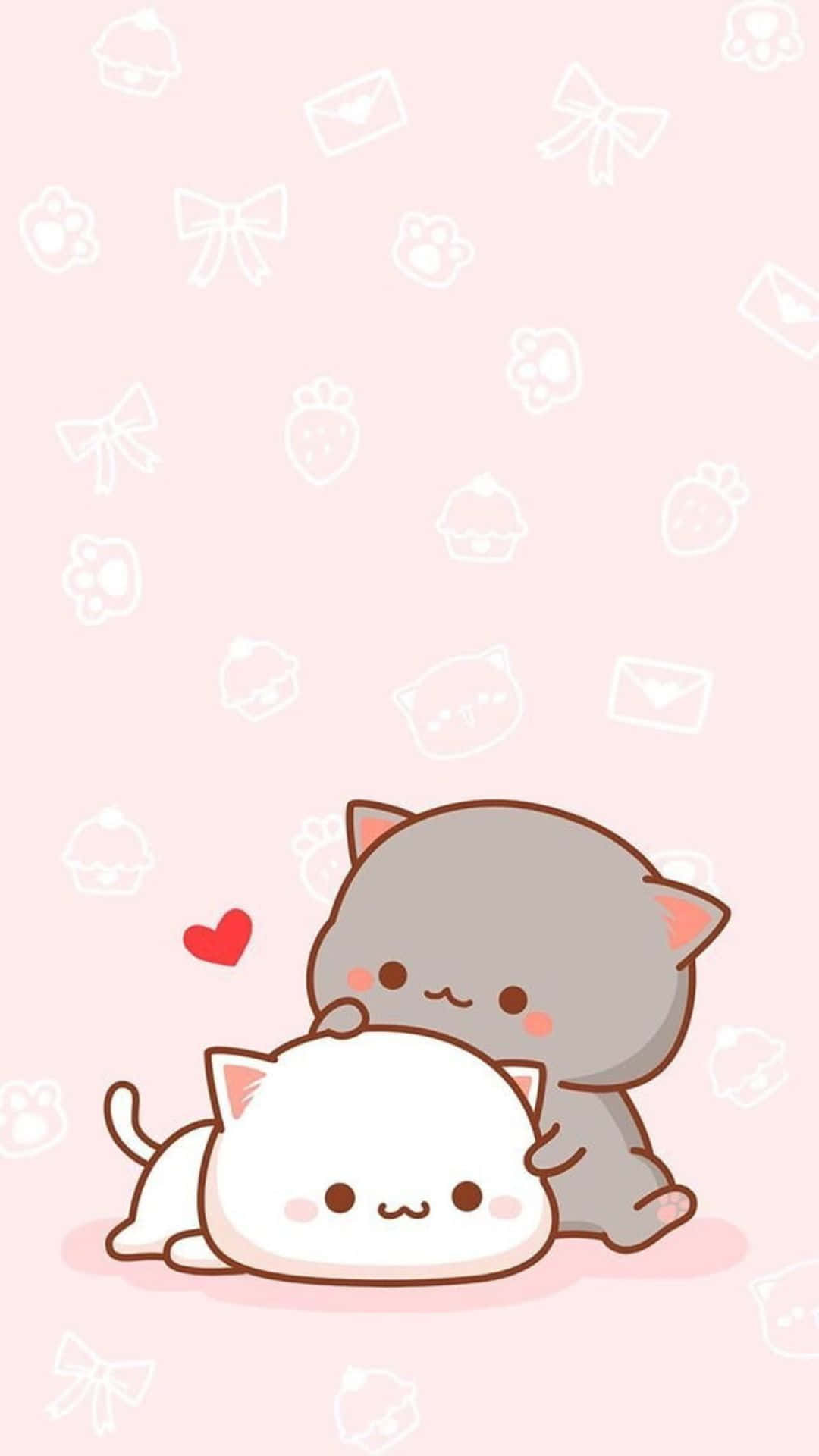 kawaii cartoon, gray kawaii cat, white cat, Full HD Phone Wallpaper