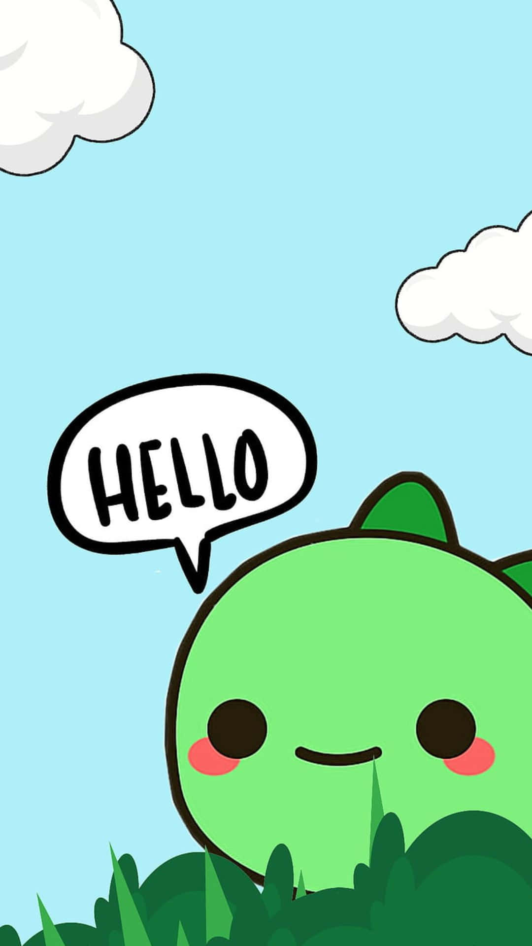 kawaii cartoon, green cartoon creature, rosy cheeks, Full HD Phone Wallpaper