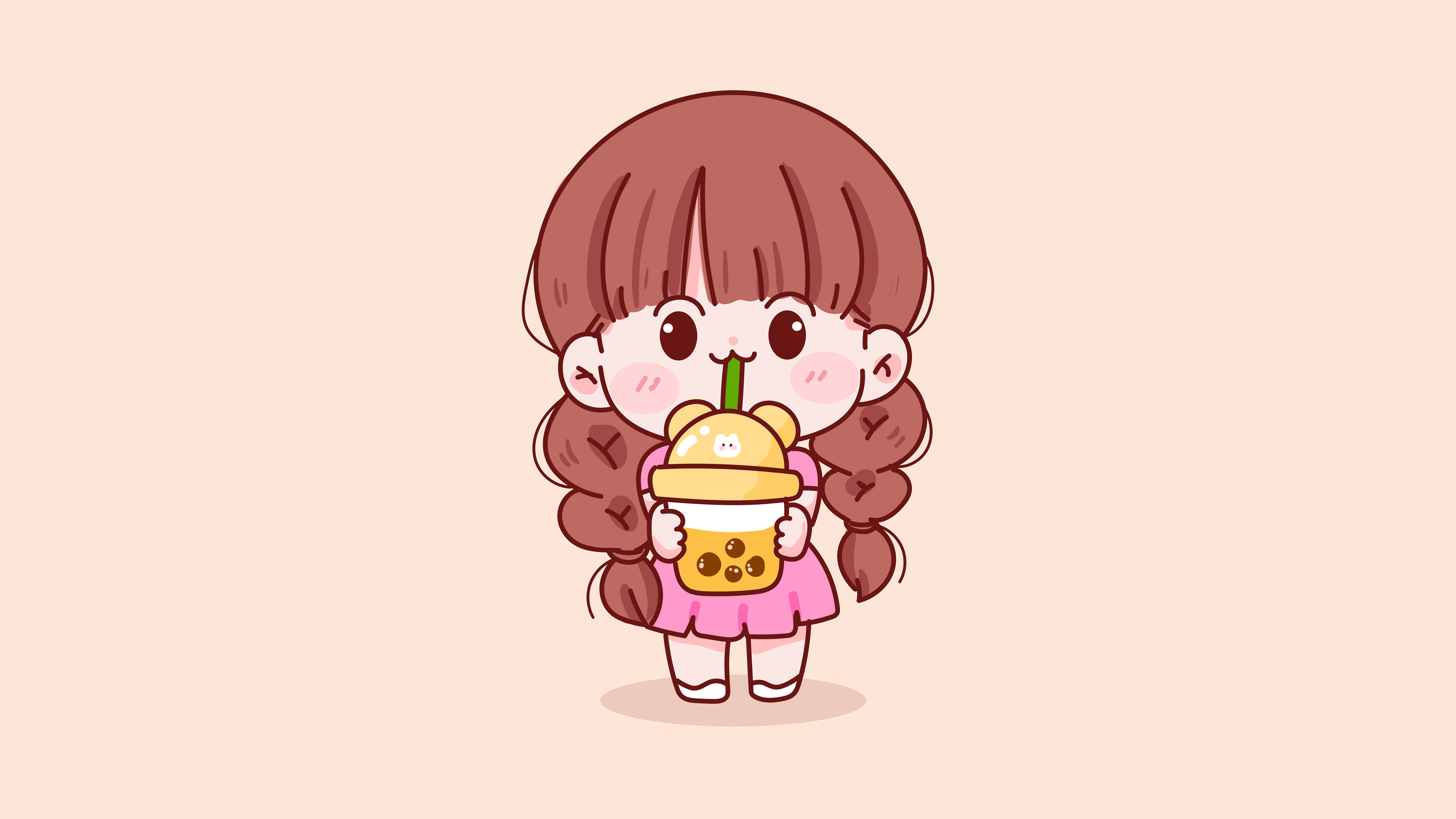 kawaii cartoon, brown braids, bubble tea drink, 8K Desktop Wallpaper