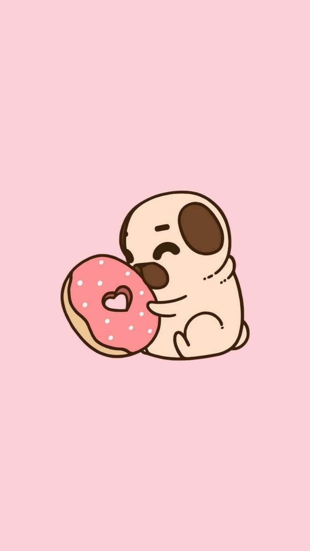 kawaii cartoon, pug, pink frosted donut, Full HD Phone Wallpaper
