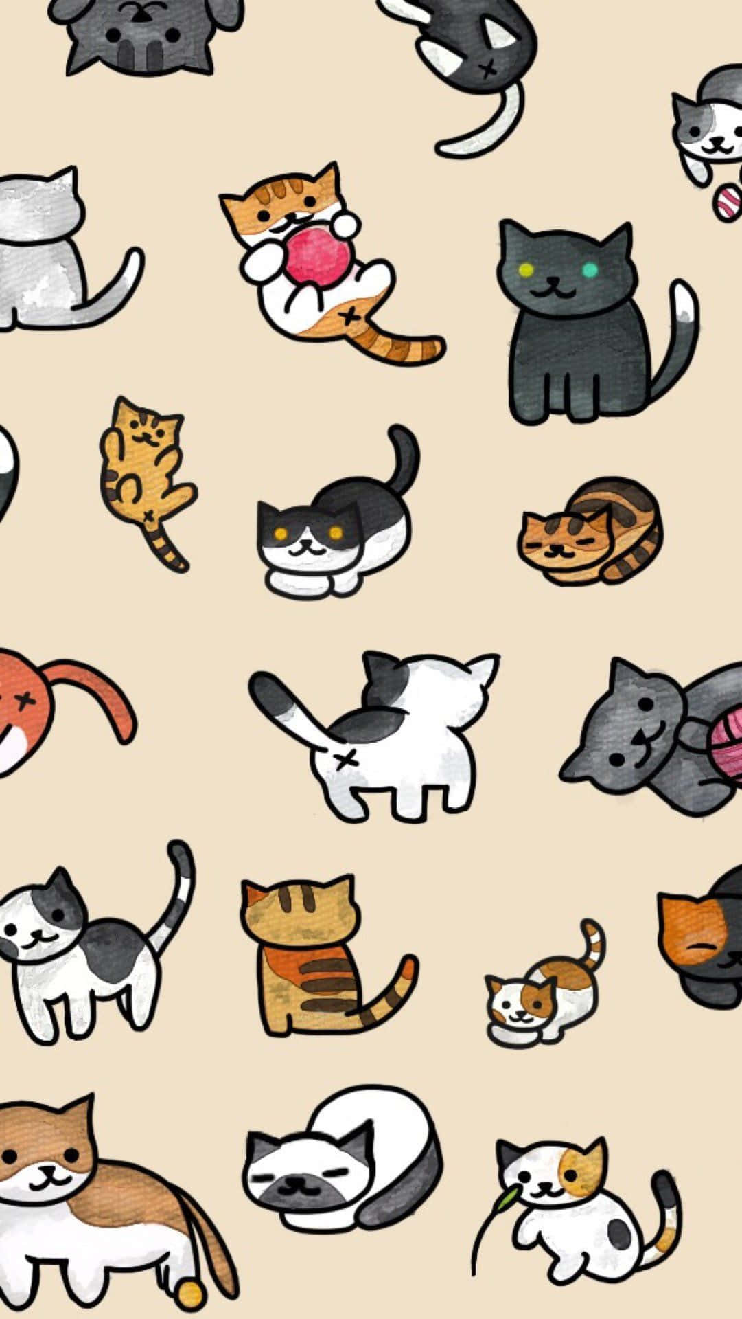 kawaii cartoon, cartoon cats, beige background, Full HD Phone Wallpaper