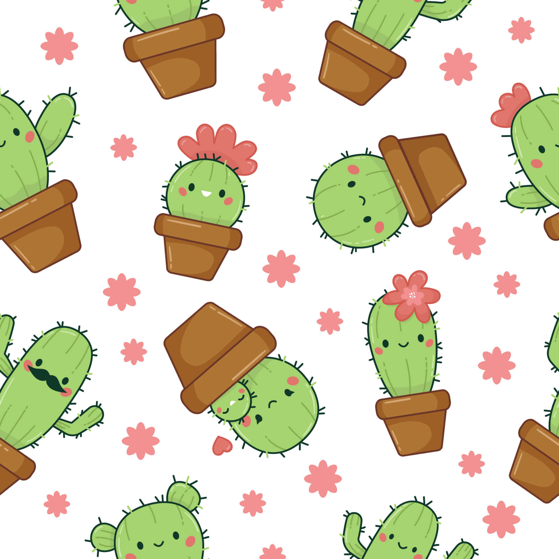 kawaii cartoon, kawaii cacti, pink flowers, Full HD Desktop Wallpaper