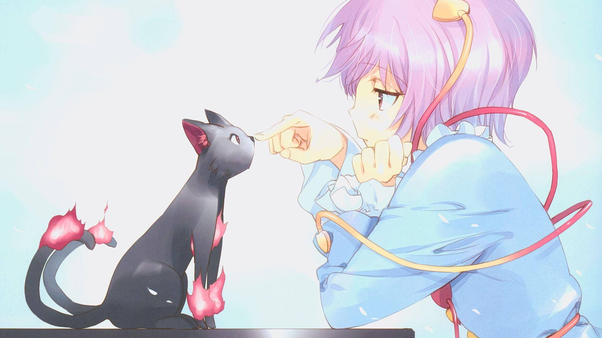 purple-haired anime girl, blue outfit, black cat, Full HD Desktop Wallpaper
