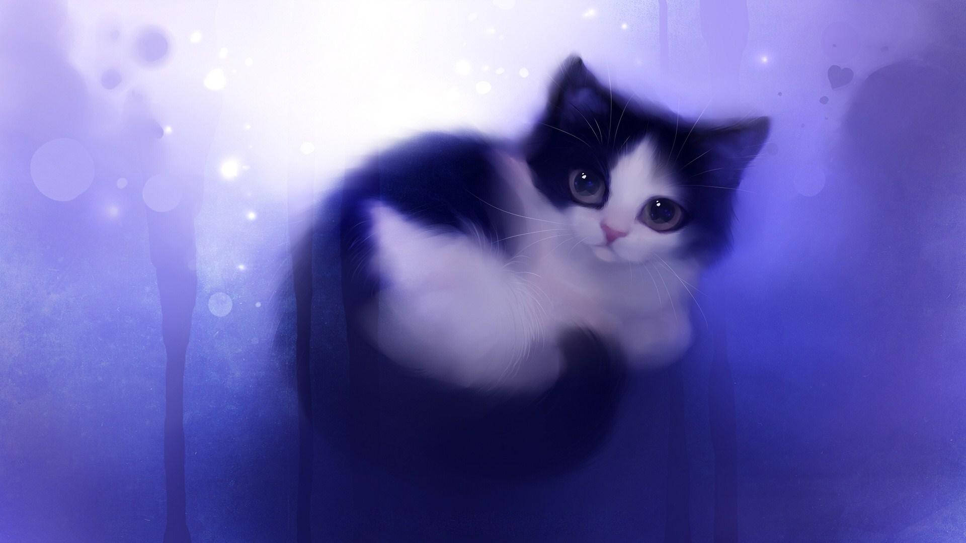 kawaii cat, blue and purple smoke, purple light, Full HD Desktop Wallpaper