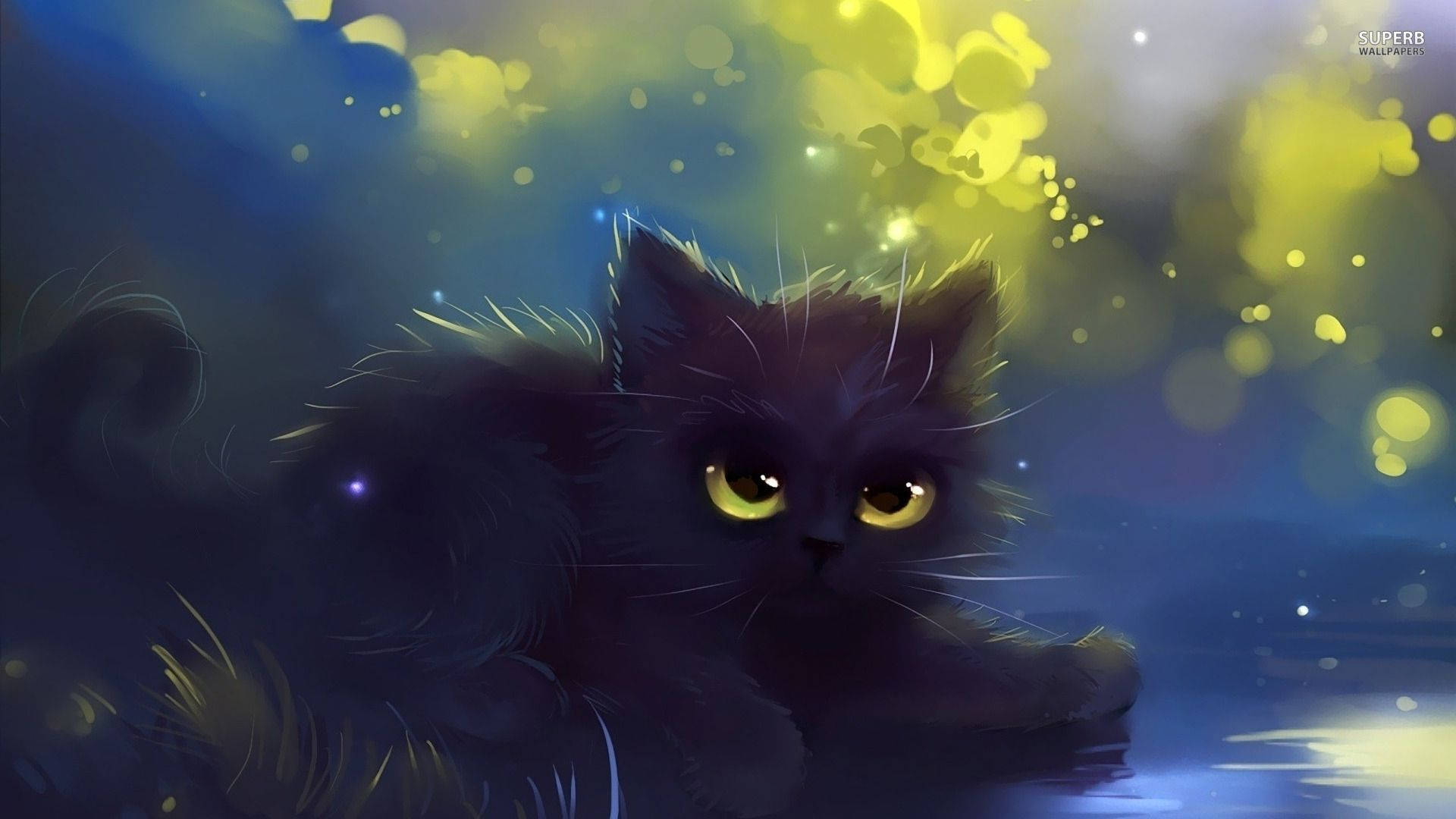 kawaii cat, yellow eyes, clouds, Full HD Desktop Wallpaper