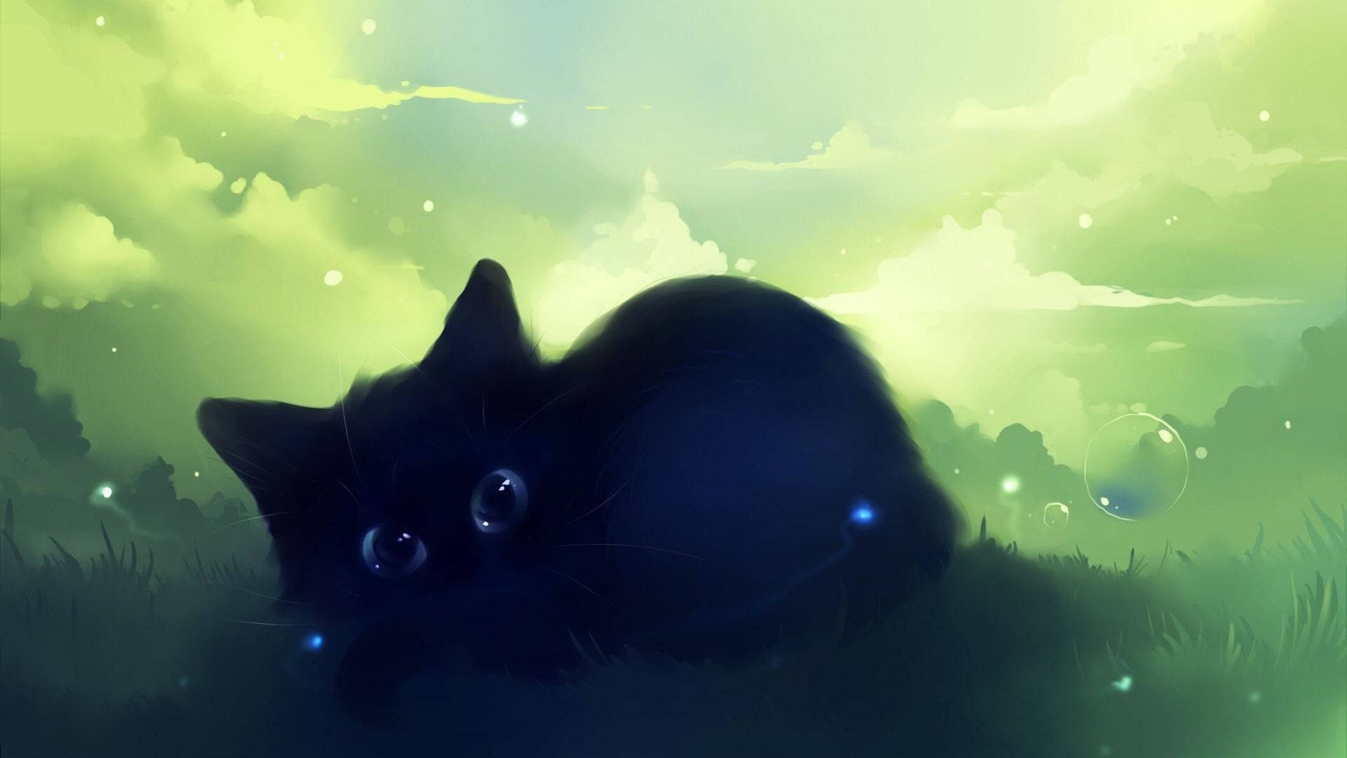 kawaii cat, glowing eyes, dreamy green sky, Full HD Desktop Wallpaper