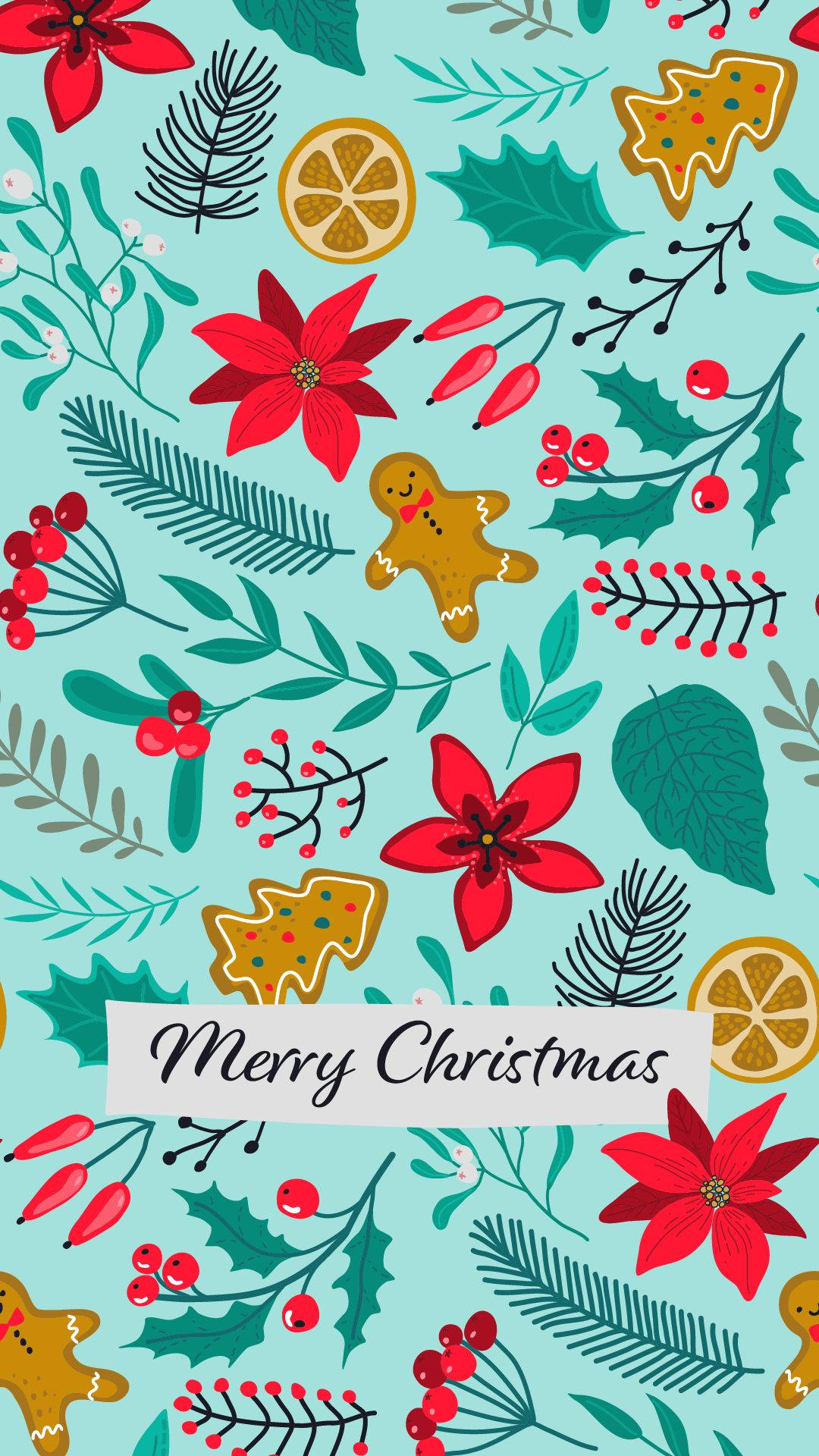 Kawaii Christmas, red poinsettias, gingerbread cookies, Full HD Phone Wallpaper