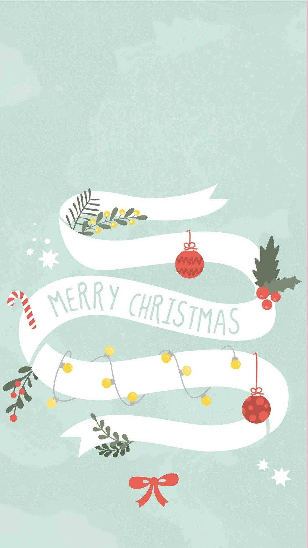 mint green, white ribbon, holly berries, Full HD Phone Wallpaper