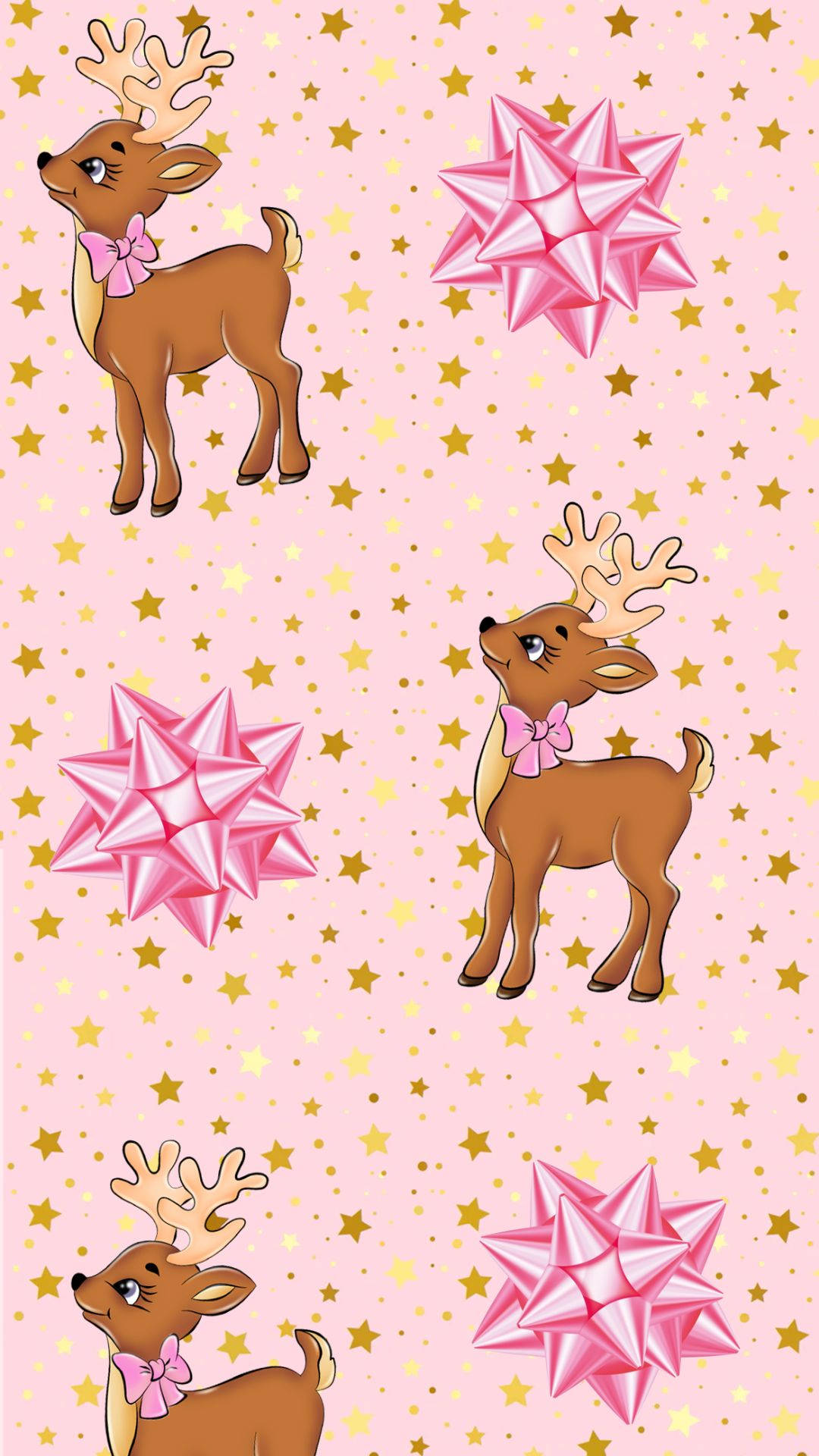 Kawaii Christmas, cartoon deer, pink bows, Full HD Phone Wallpaper