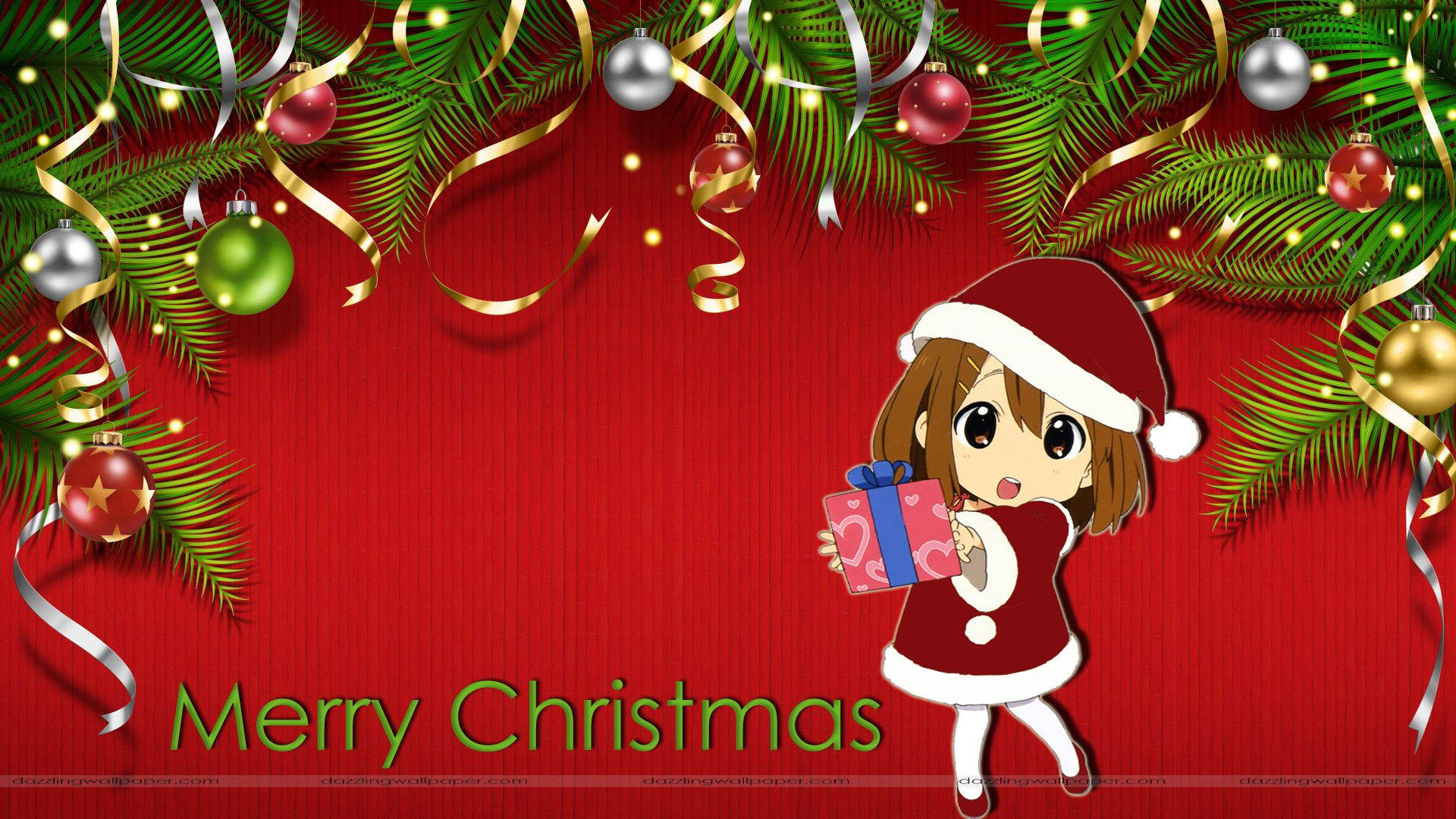 Kawaii Christmas Girl, Santa outfit, red background, Full HD Desktop Wallpaper