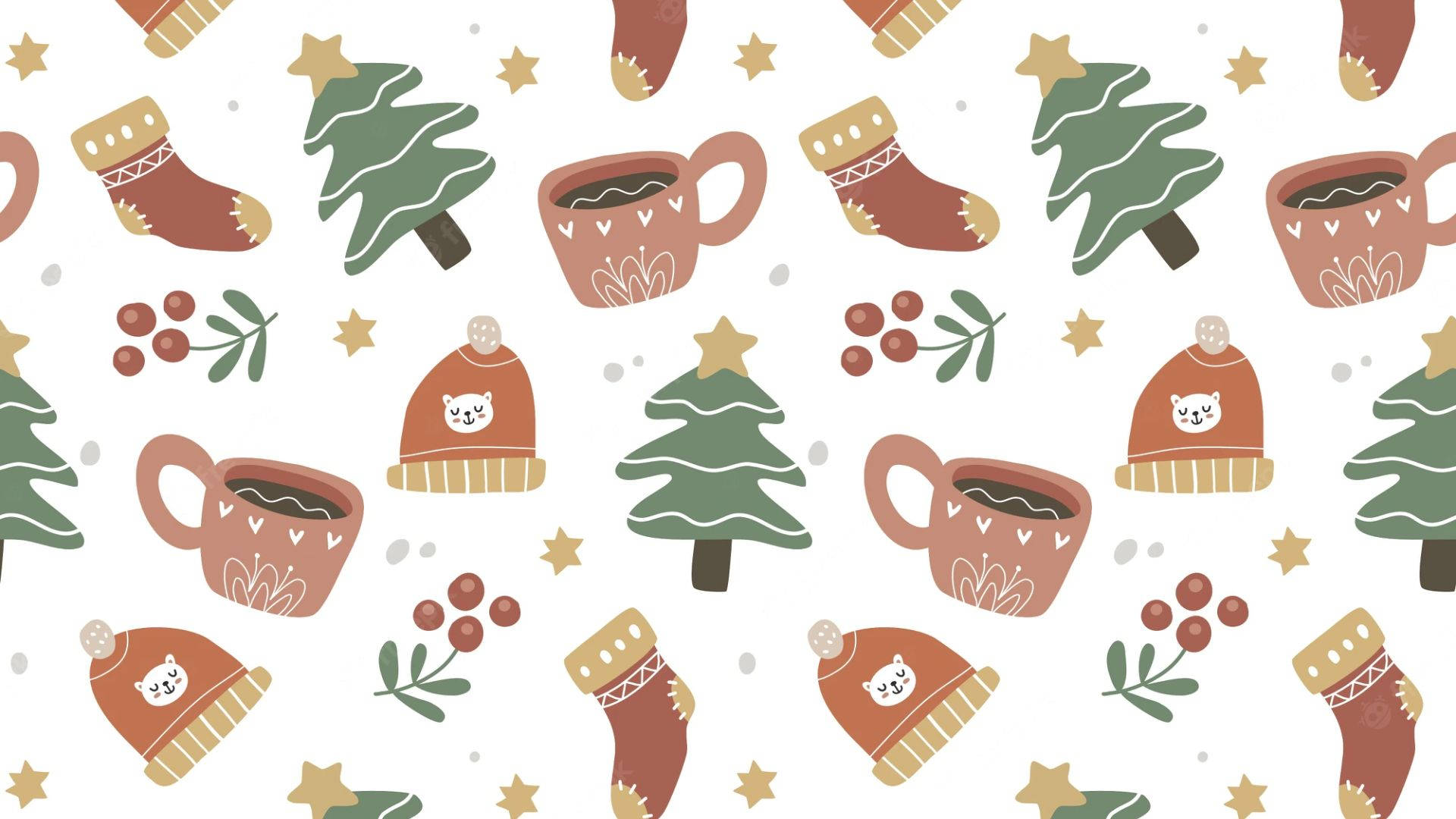 kawaii christmas socks, pine trees, hot cocoa mugs, Full HD Desktop Wallpaper