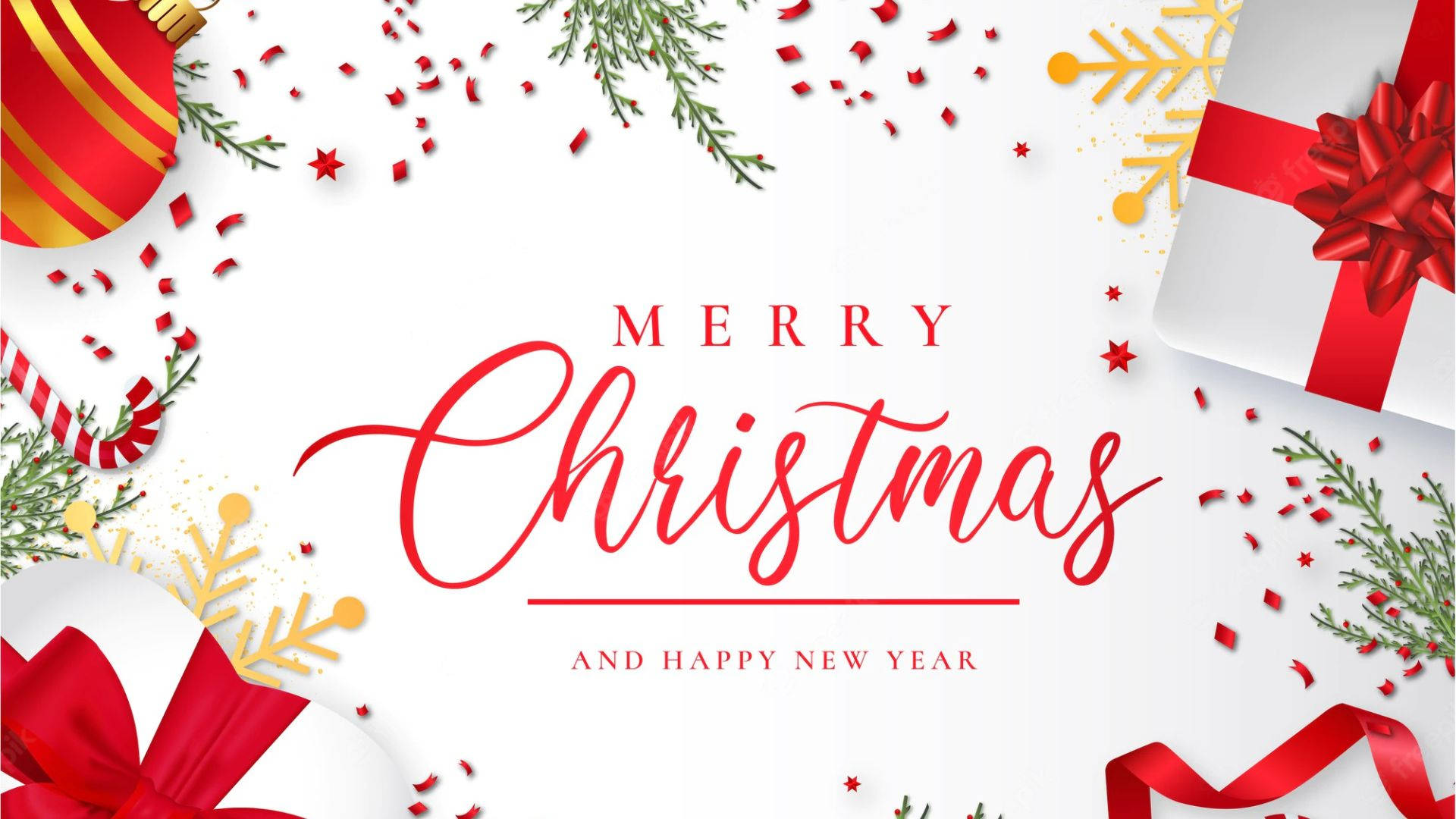 Elegant Kawaii Christmas Greetings, white background, red gold and green Christmas ornaments, Full HD Desktop Wallpaper
