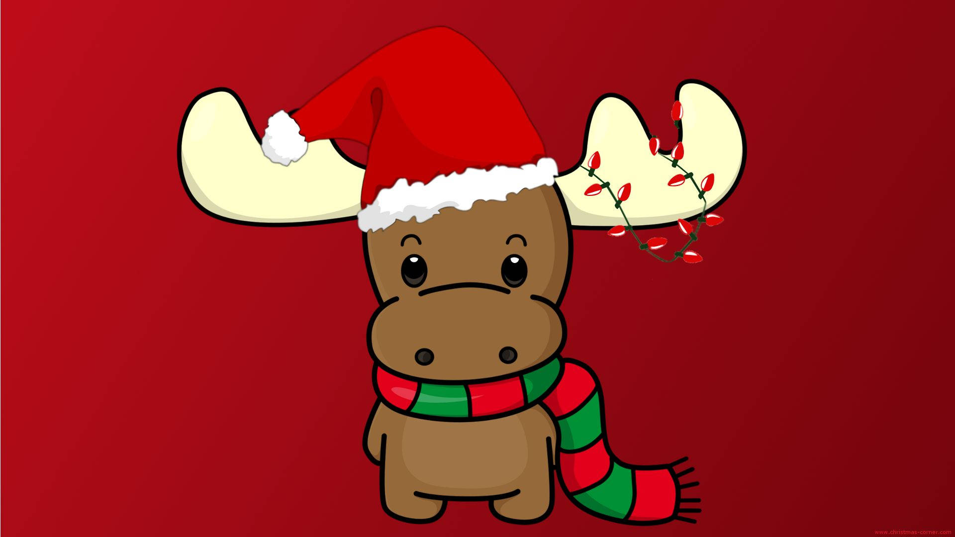 kawaii Christmas deer, red Santa hat, striped scarf, Full HD Desktop Wallpaper