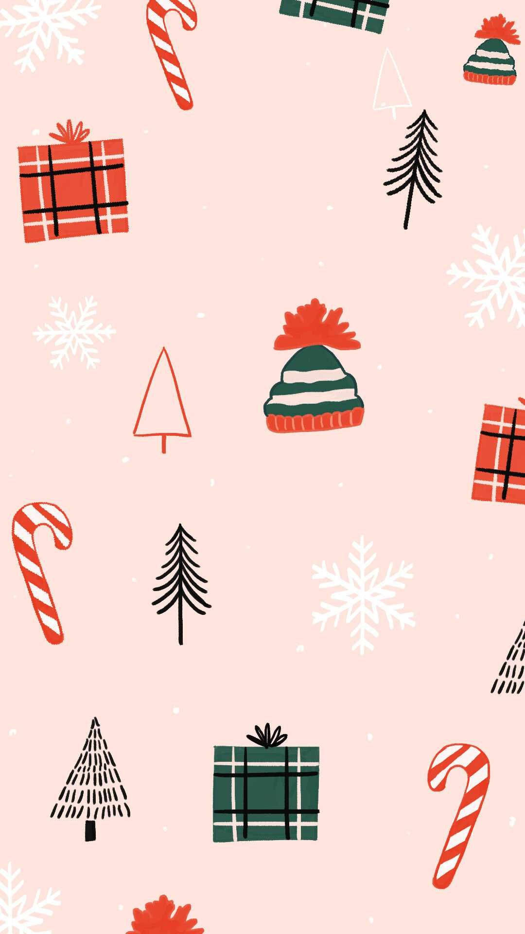 kawaii christmas, candy canes, snowflakes, Full HD Phone Wallpaper