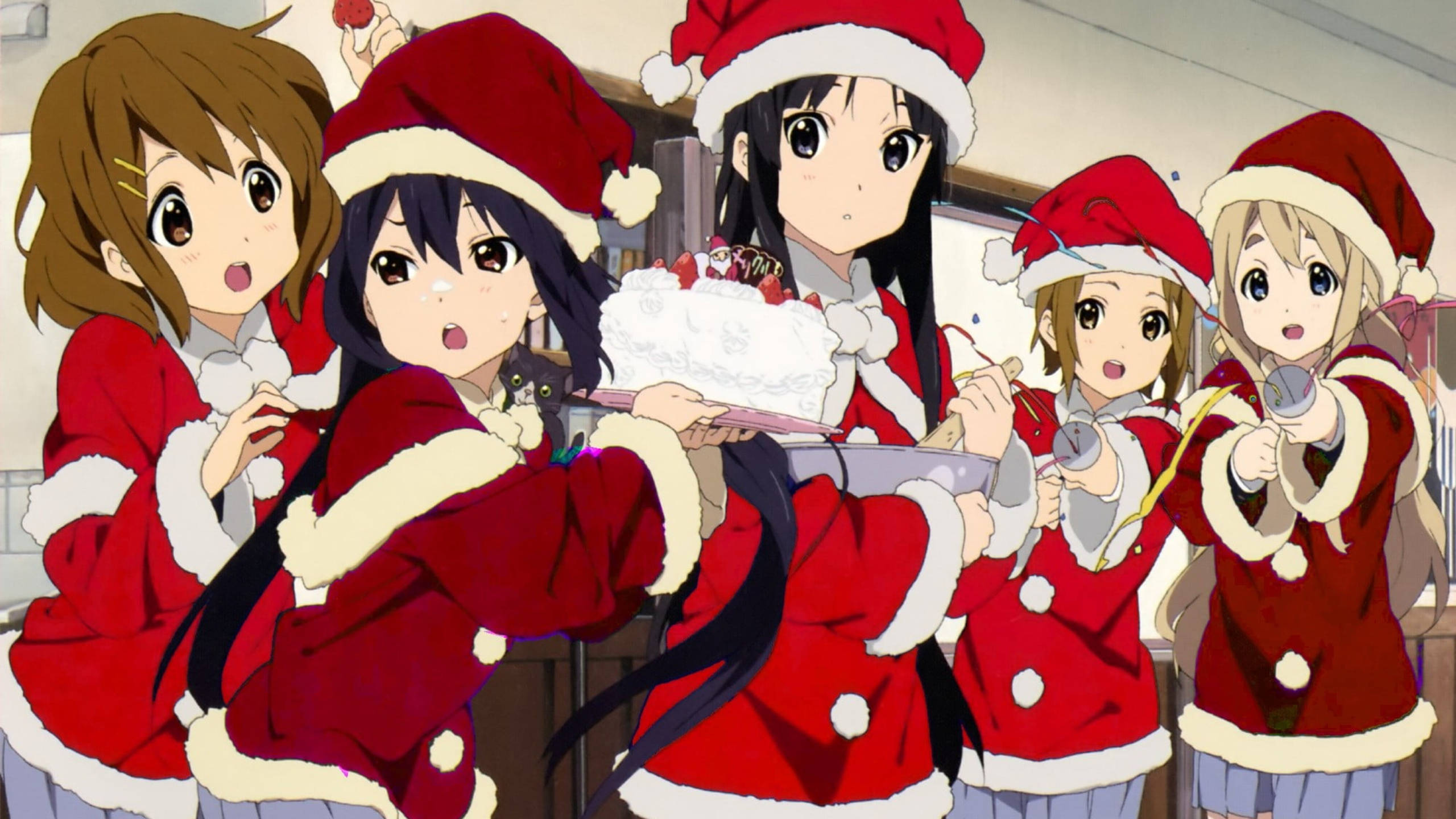 K-On, anime girls, festive red Santa outfits, 2K Desktop Wallpaper
