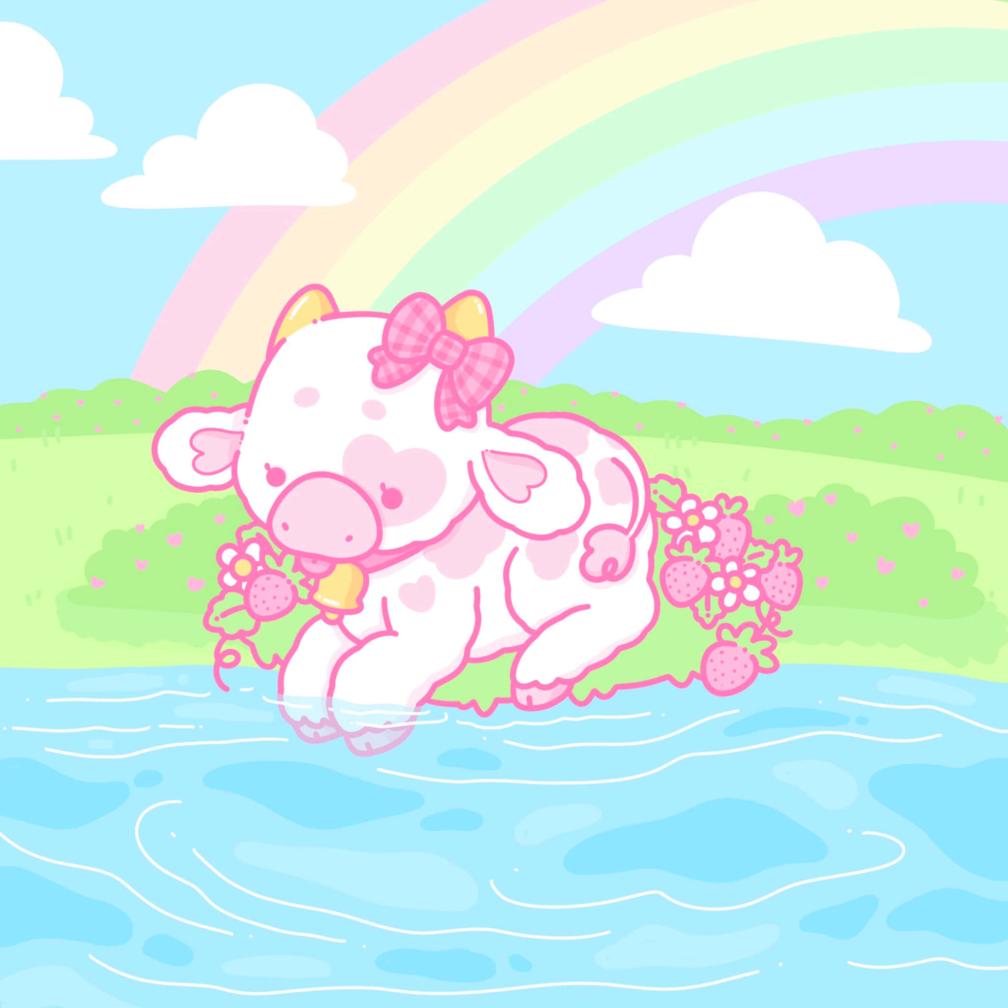 kawaii cow, pink cow, bow, Full HD Desktop Wallpaper