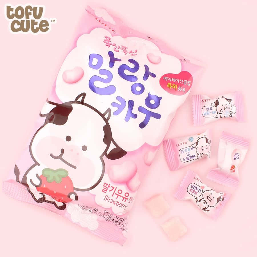 kawaii cow, pink packaged, strawberry-flavored tofu candy, SD Desktop Wallpaper