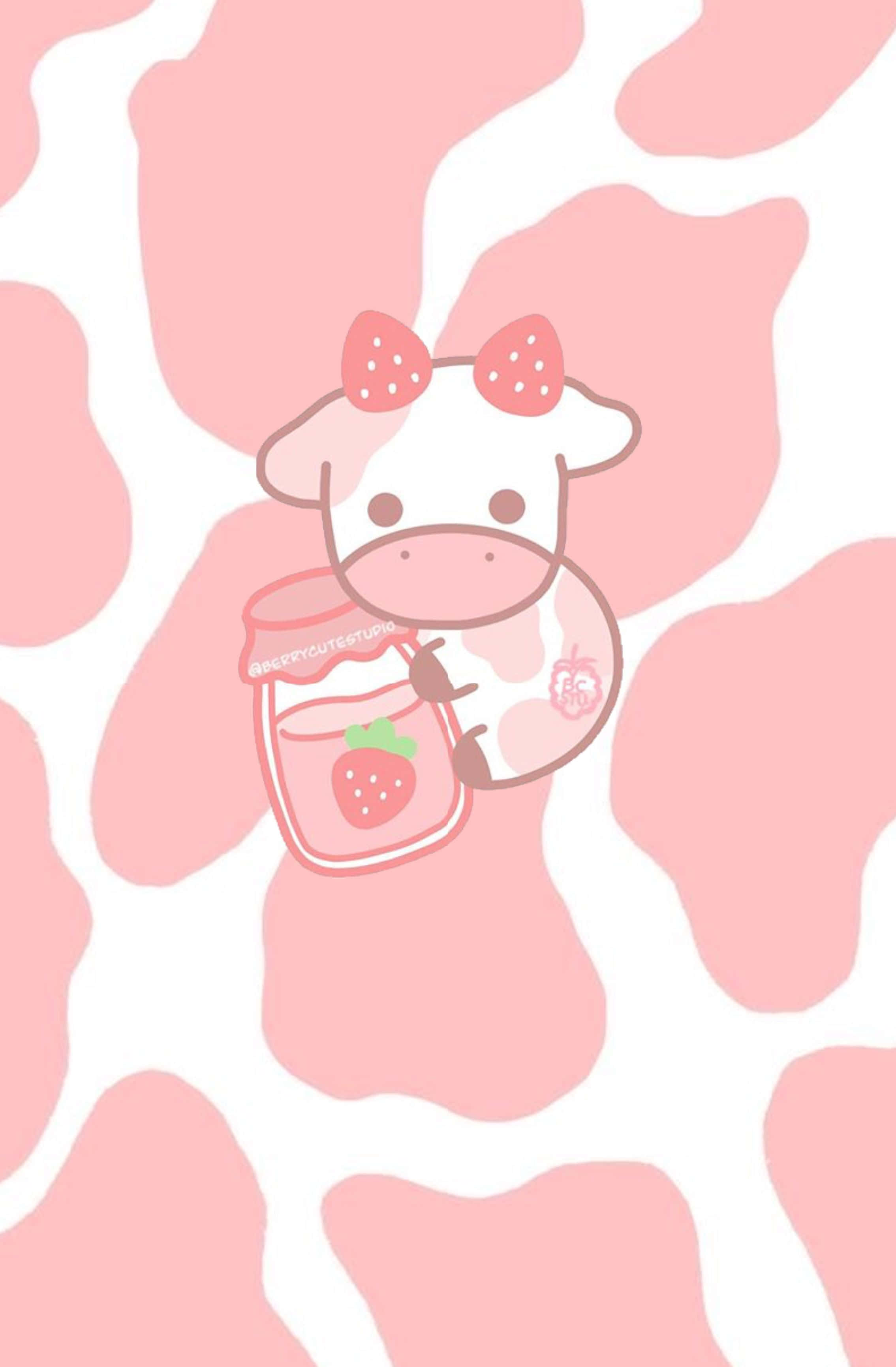 Kawaii Cow, strawberry bow, strawberry milk, 2K Phone Wallpaper