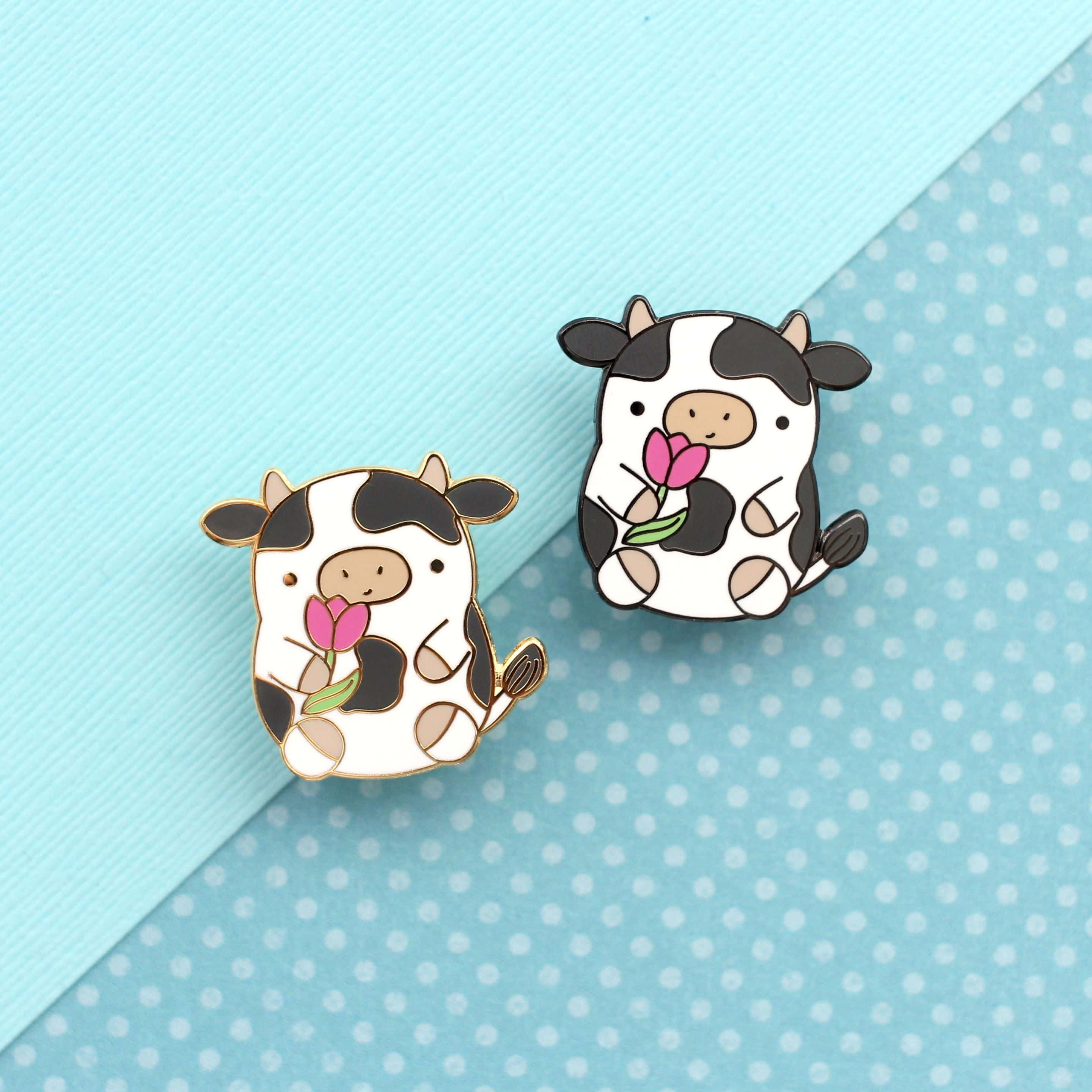 kawaii cow, cartoon cow enamel pins, pink tulips, 2K Desktop Wallpaper