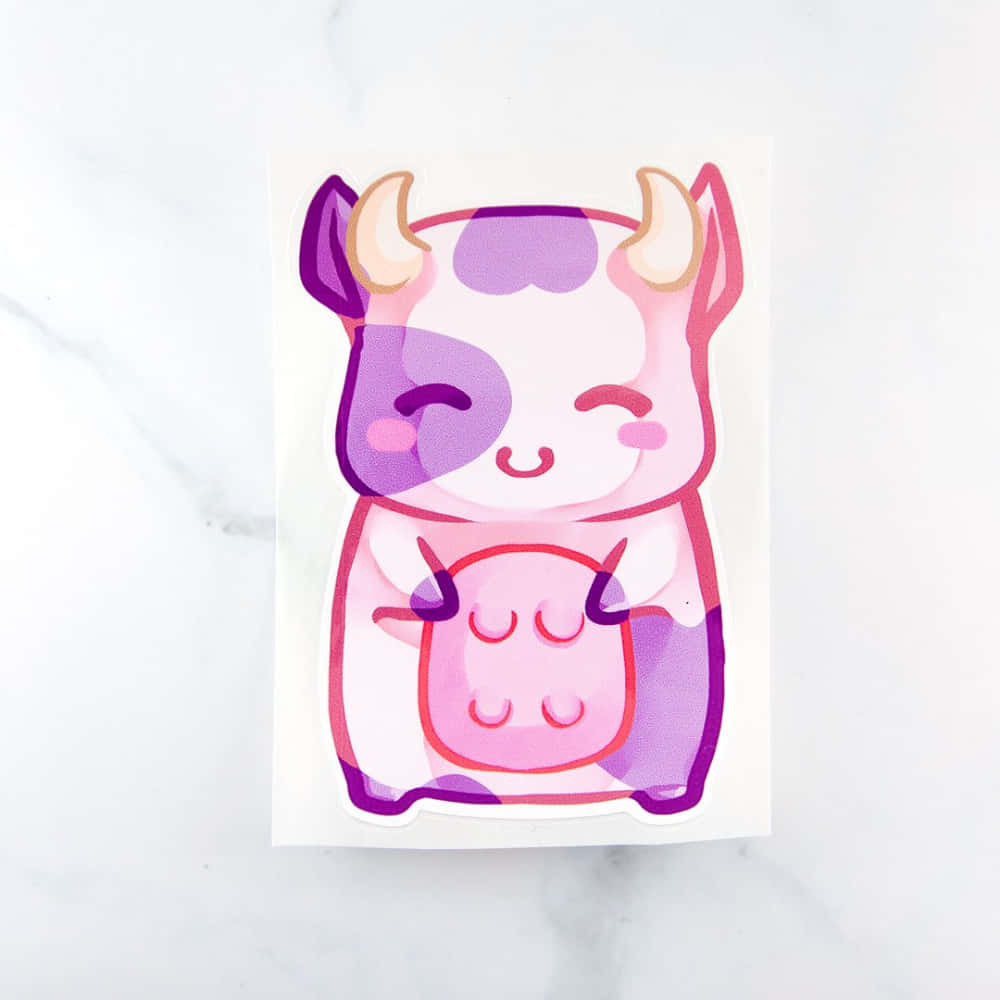 Kawaii Cow, pink and purple spots, white marble surface, SD Desktop Wallpaper