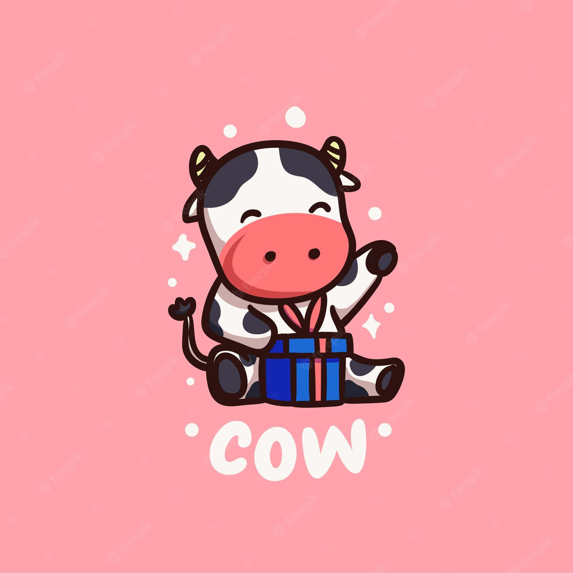 Kawaii Cow, black and white spots, blue gift box, Full HD Desktop Wallpaper