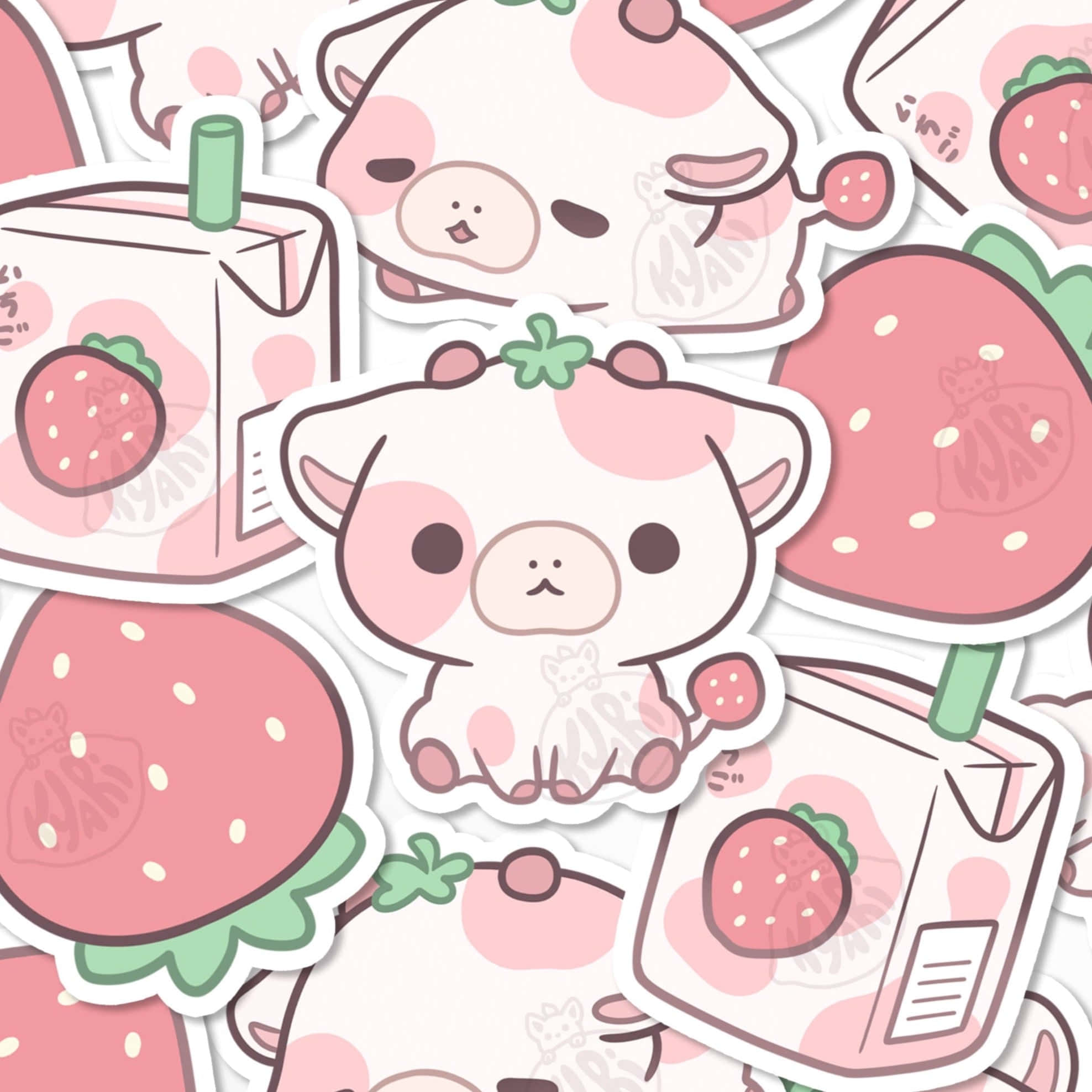 kawaii cow, pink spotted piglets, strawberries, Full HD Desktop Wallpaper