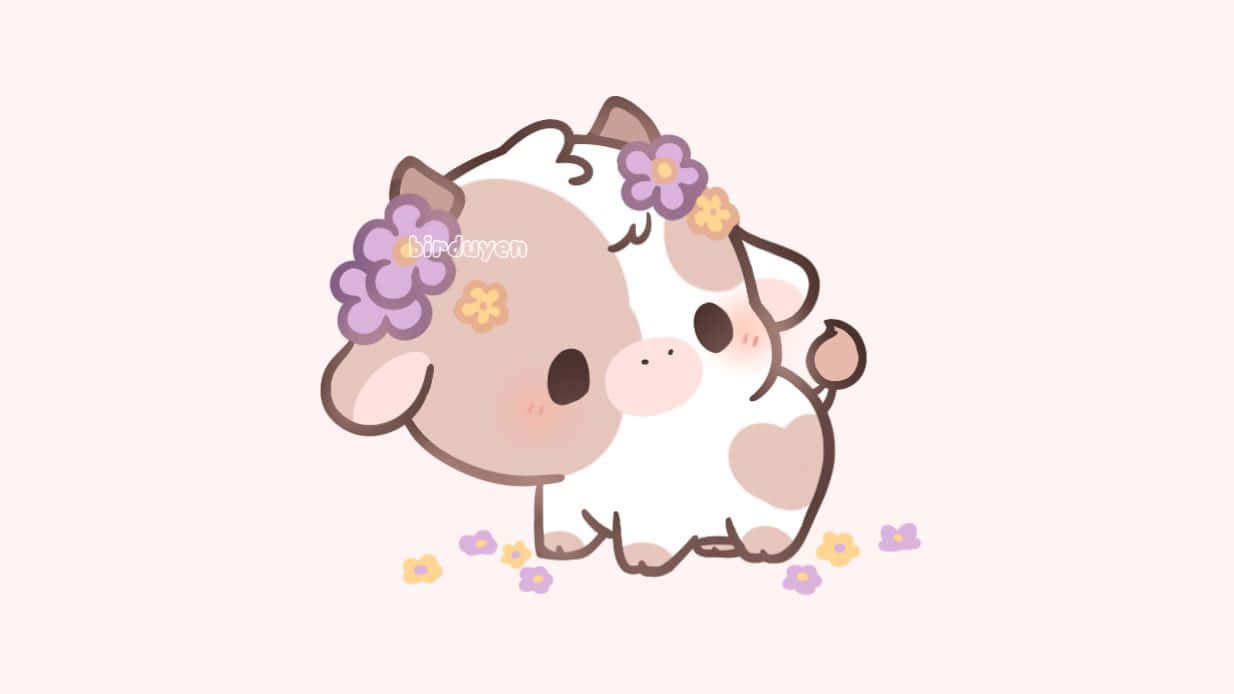 Kawaii Cow, purple and yellow flowers, scattered petals, SD Desktop Wallpaper