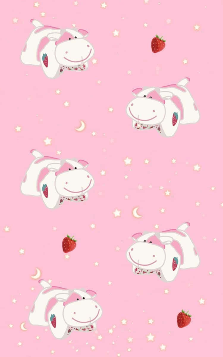 kawaii cow, strawberry accents, stars, SD Phone Wallpaper