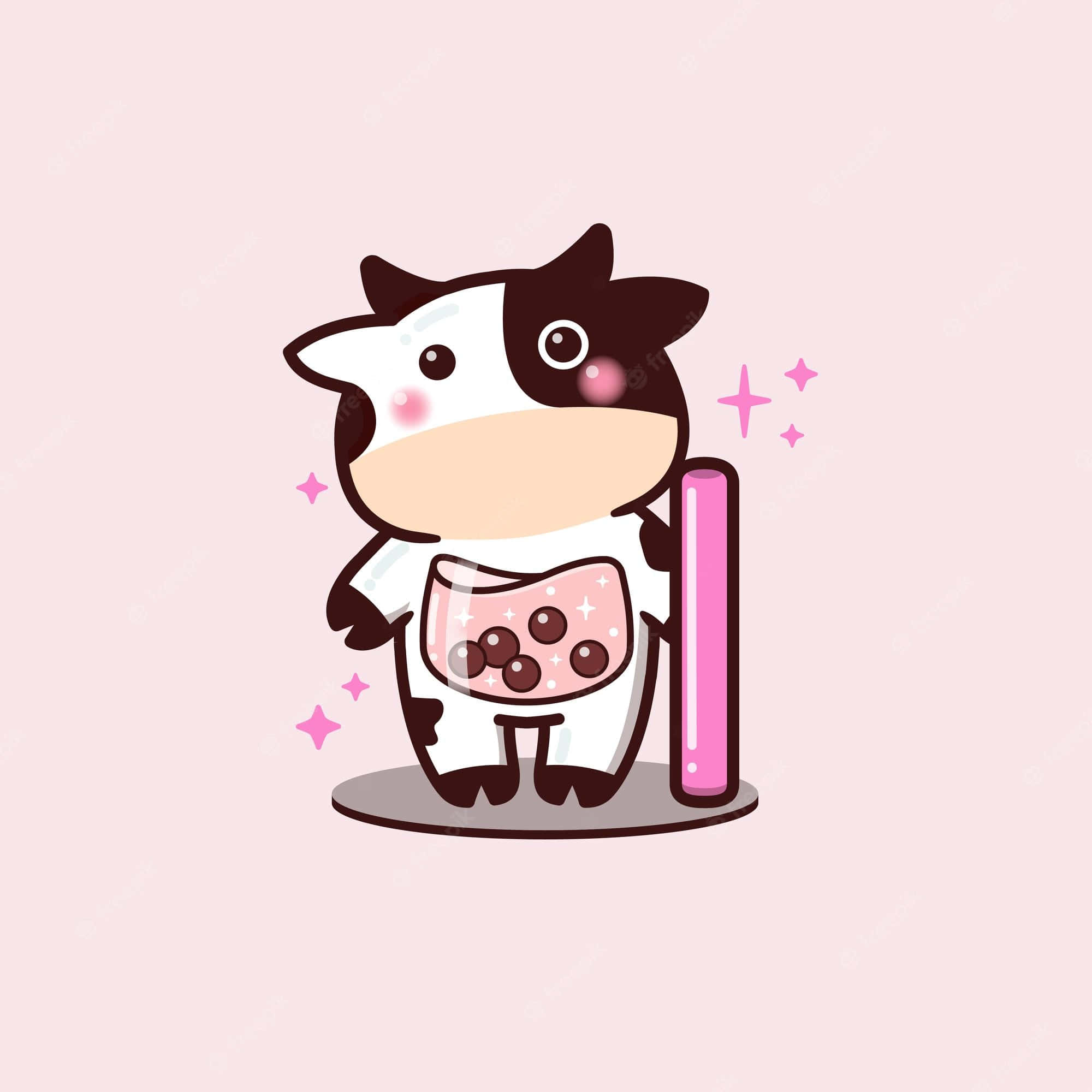 Kawaii Cow, pink bubble tea outfit, pink straw, Full HD Desktop Wallpaper