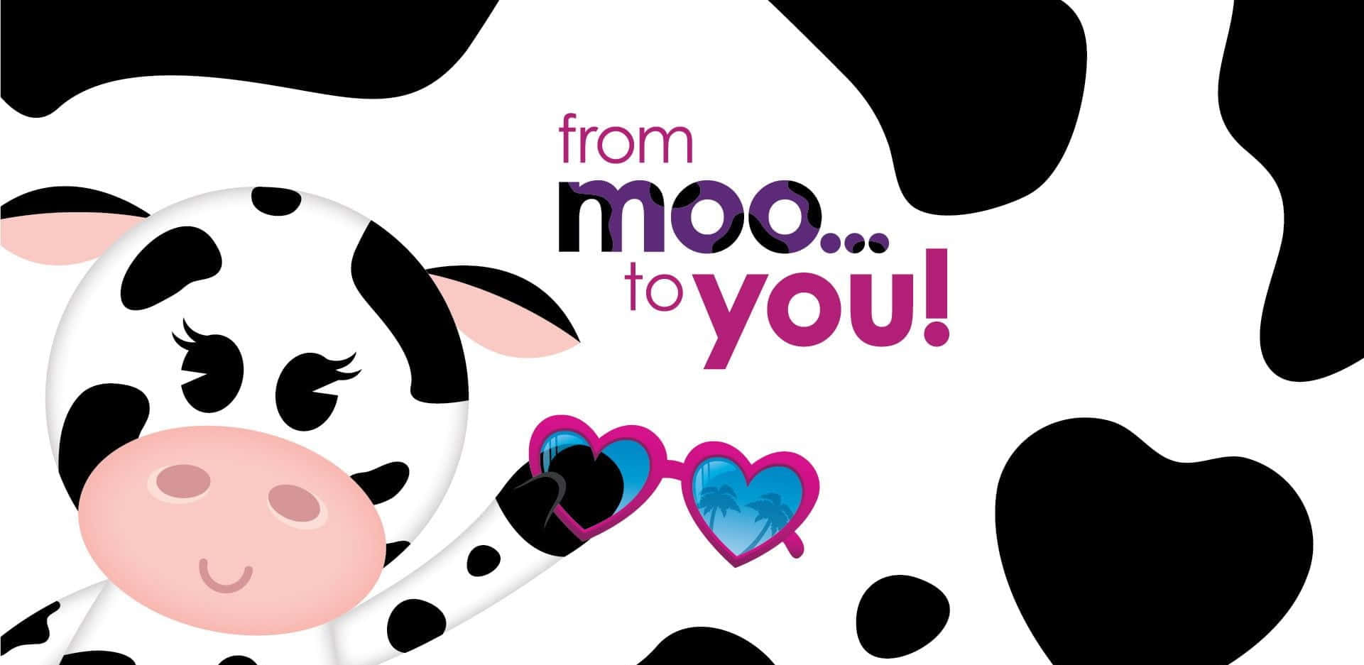 Kawaii Cute Cow, heart-shaped sunglasses, black and white spotted background, Full HD Desktop Wallpaper