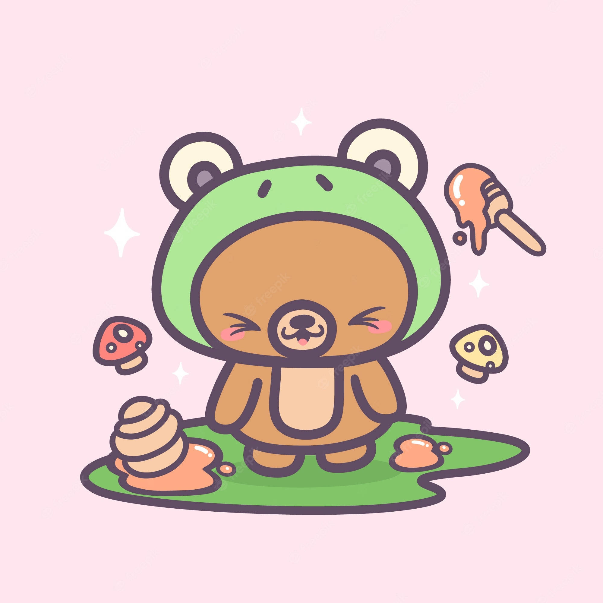 kawaii cute animals, brown bear, green frog hat, Full HD Desktop Wallpaper