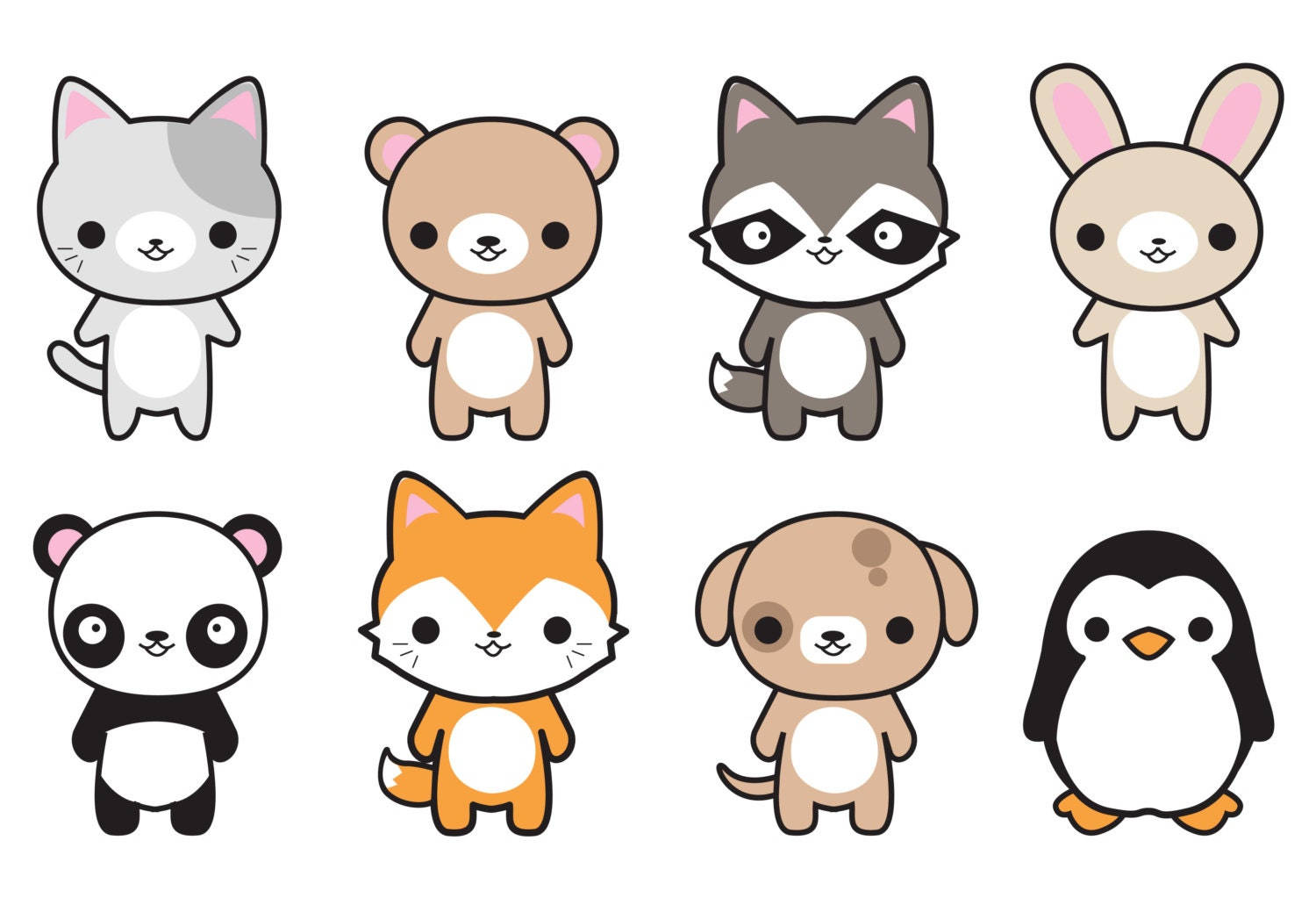 kawaii cute animals, cat bear raccoon rabbit panda fox dog penguin, simple outlines, HD Desktop Wallpaper