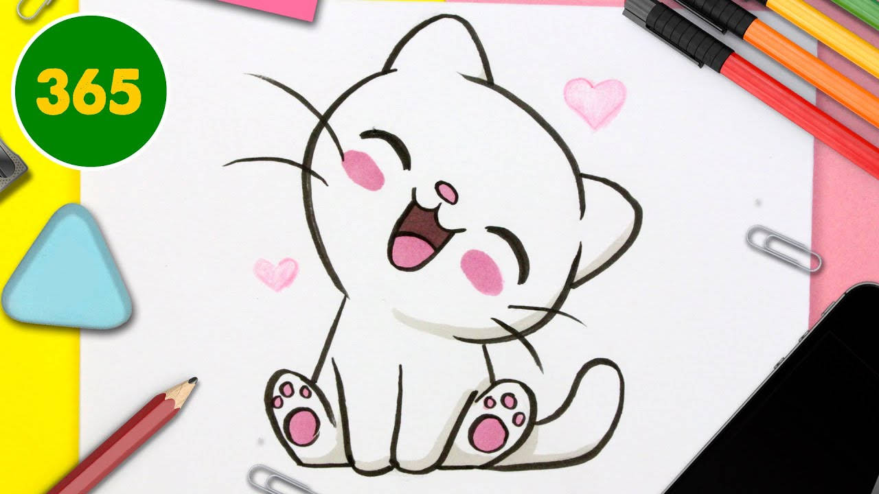 kawaii cute animals, cartoon cat, pink cheeks, HD Desktop Wallpaper